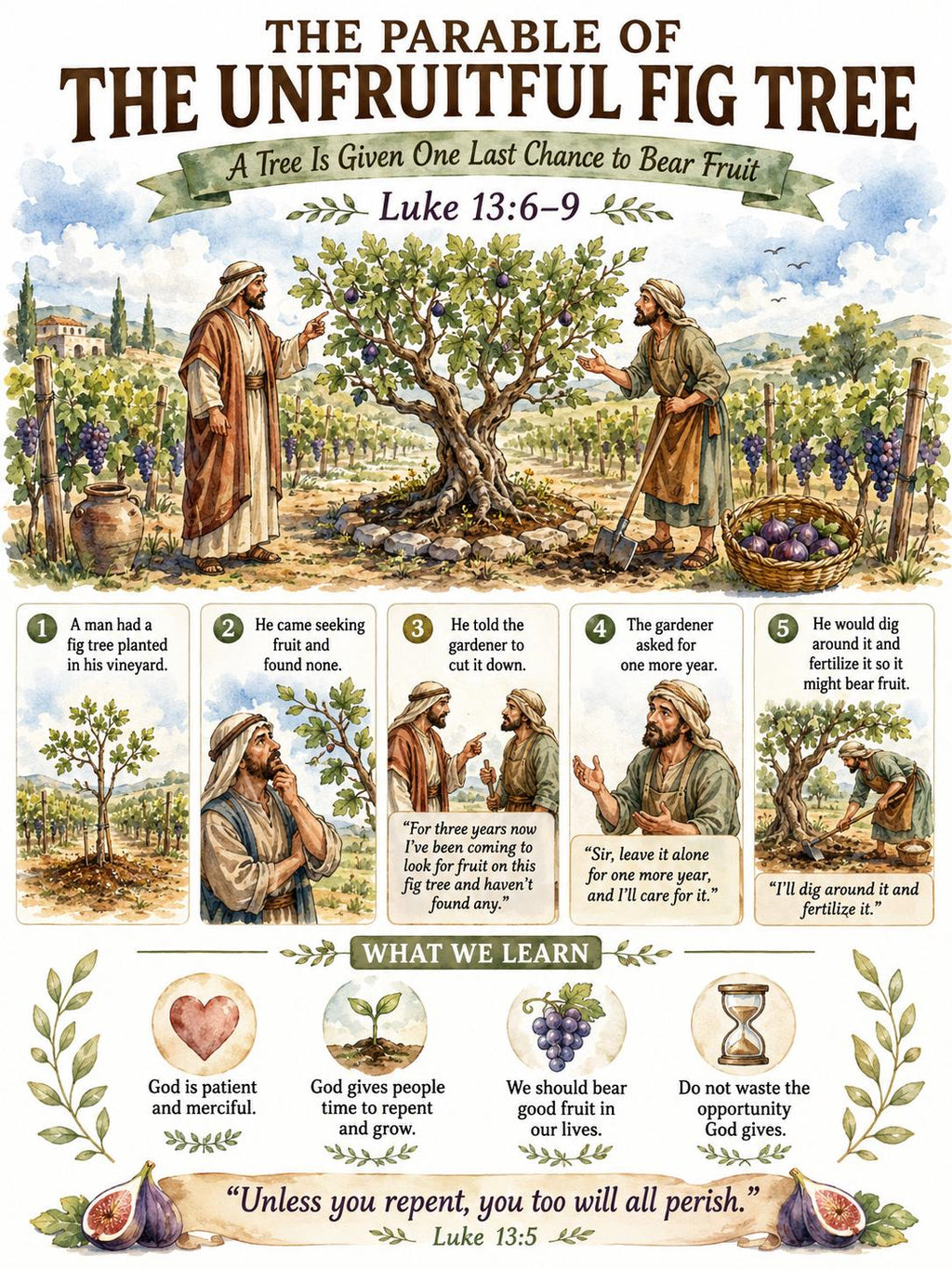 Unfruitful Fig Tree Bible Study Bundle, Parable Poster, Student Worksheet, Teacher Lesson, Guide, Quiz, PDF, PNG and MP4