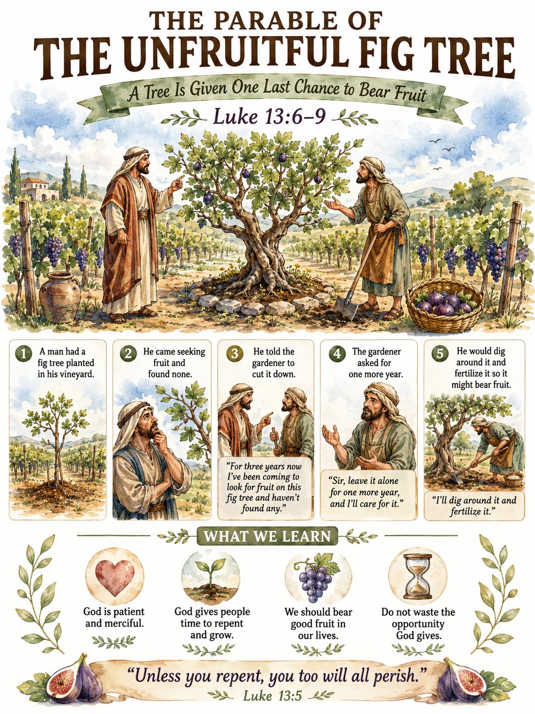 Unfruitful Fig Tree Bible Study Bundle, Parable Poster, Student Worksheet, Teacher Lesson, Guide, Quiz, PDF, PNG and MP4
