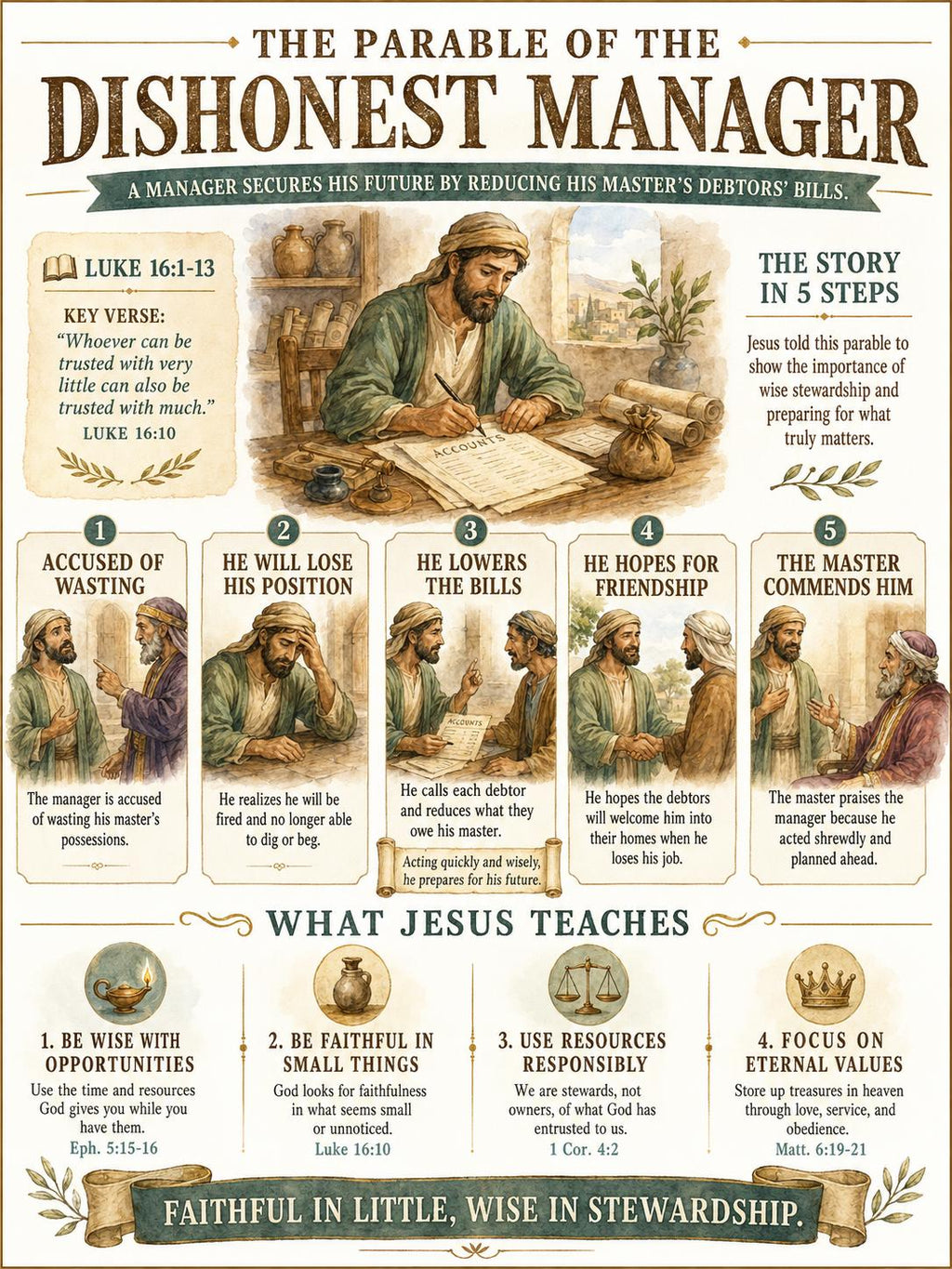 Dishonest Manager Bible Study Bundle, Parable Poster, Student Worksheet, Teacher Lesson, Guide, Quiz, PDF, PNG and MP4