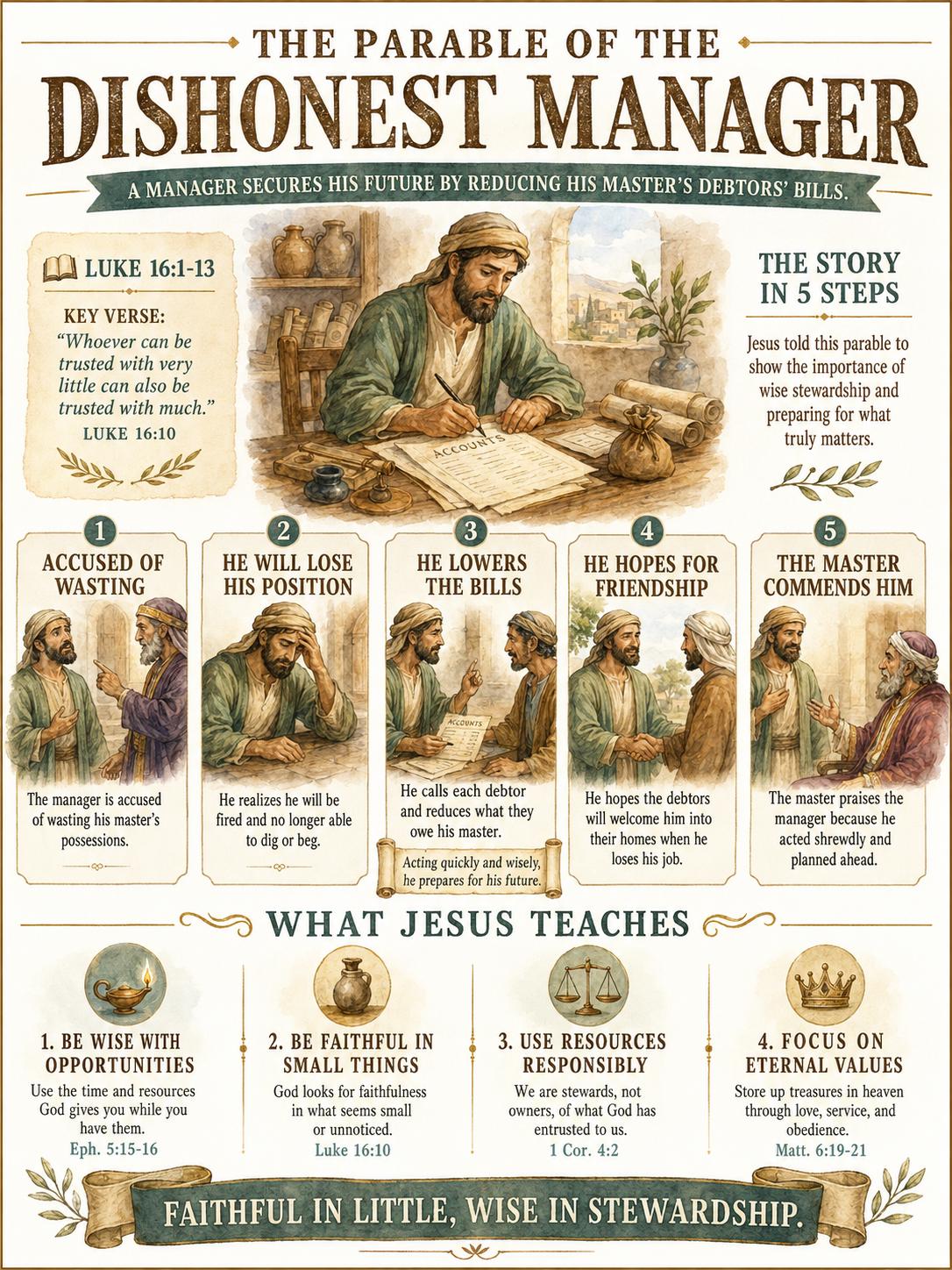 Dishonest Manager Bible Study Bundle, Parable Poster, Student Worksheet, Teacher Lesson, Guide, Quiz, PDF, PNG and MP4