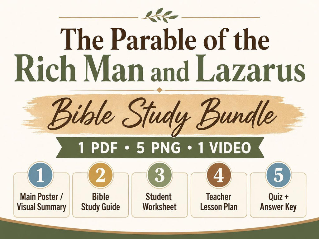 Rich Man and Lazarus Bible Study Bundle, Parable Poster, Student Worksheet, Teacher Lesson, Guide, Quiz, PDF, PNG and MP4