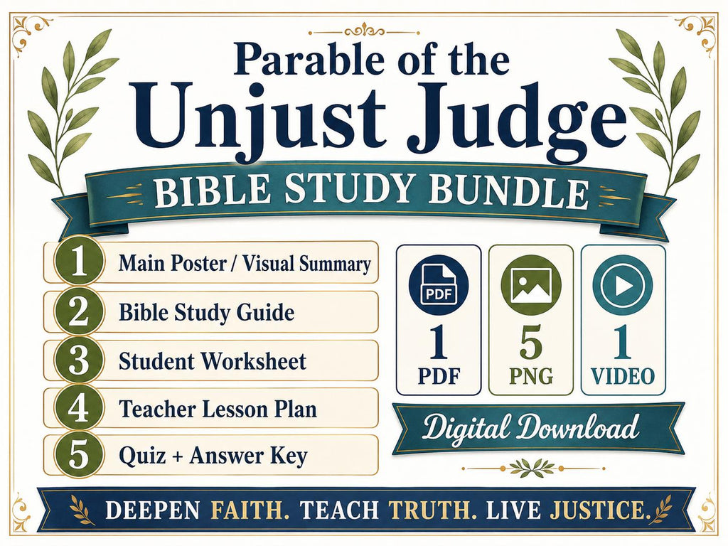 Unjust Judge Bible Study Bundle, Parable Poster, Student Worksheet, Teacher Lesson, Guide, Quiz, PDF, PNG and MP4 Downloads
