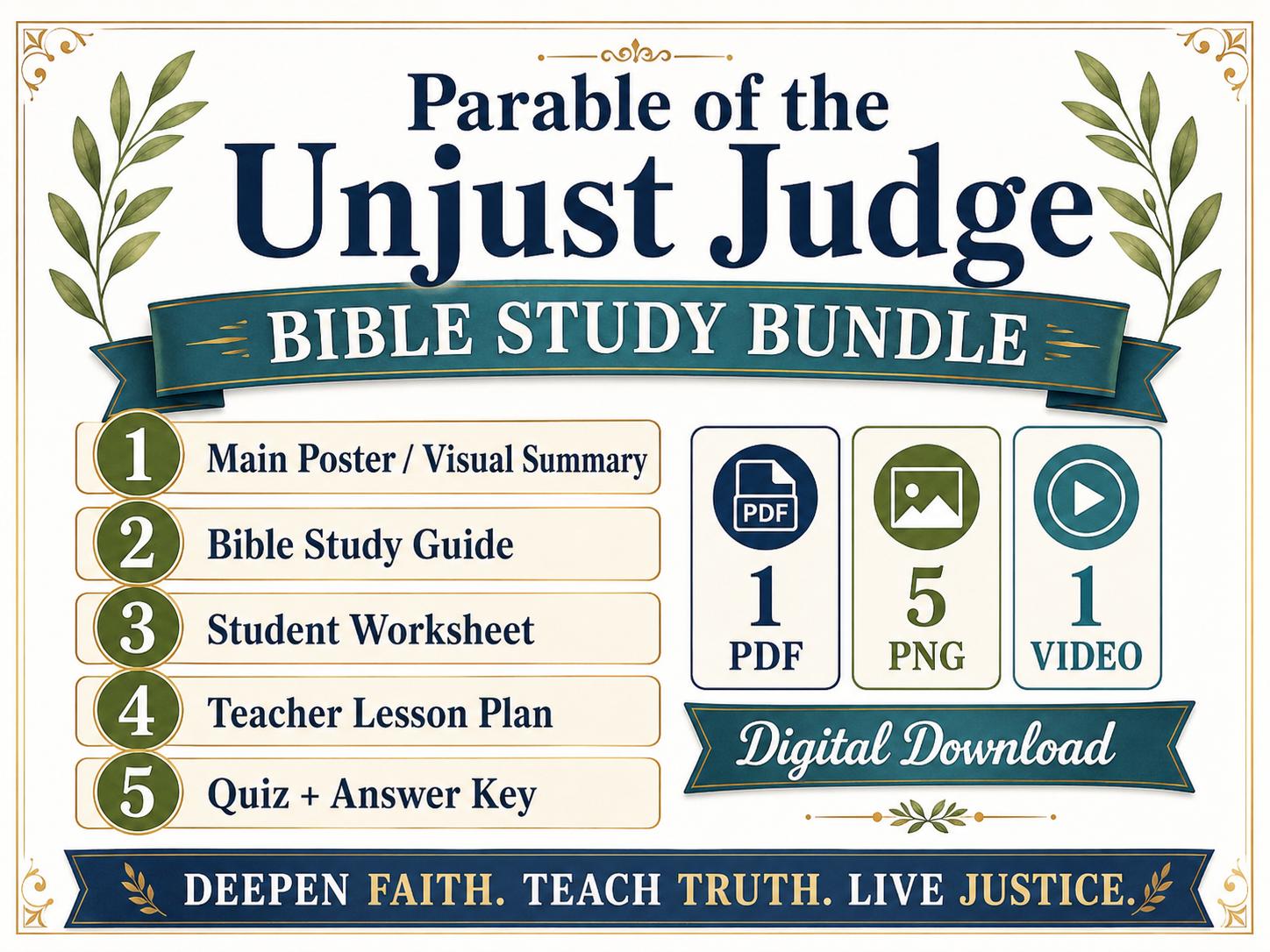 Unjust Judge Bible Study Bundle, Parable Poster, Student Worksheet, Teacher Lesson, Guide, Quiz, PDF, PNG and MP4 Downloads