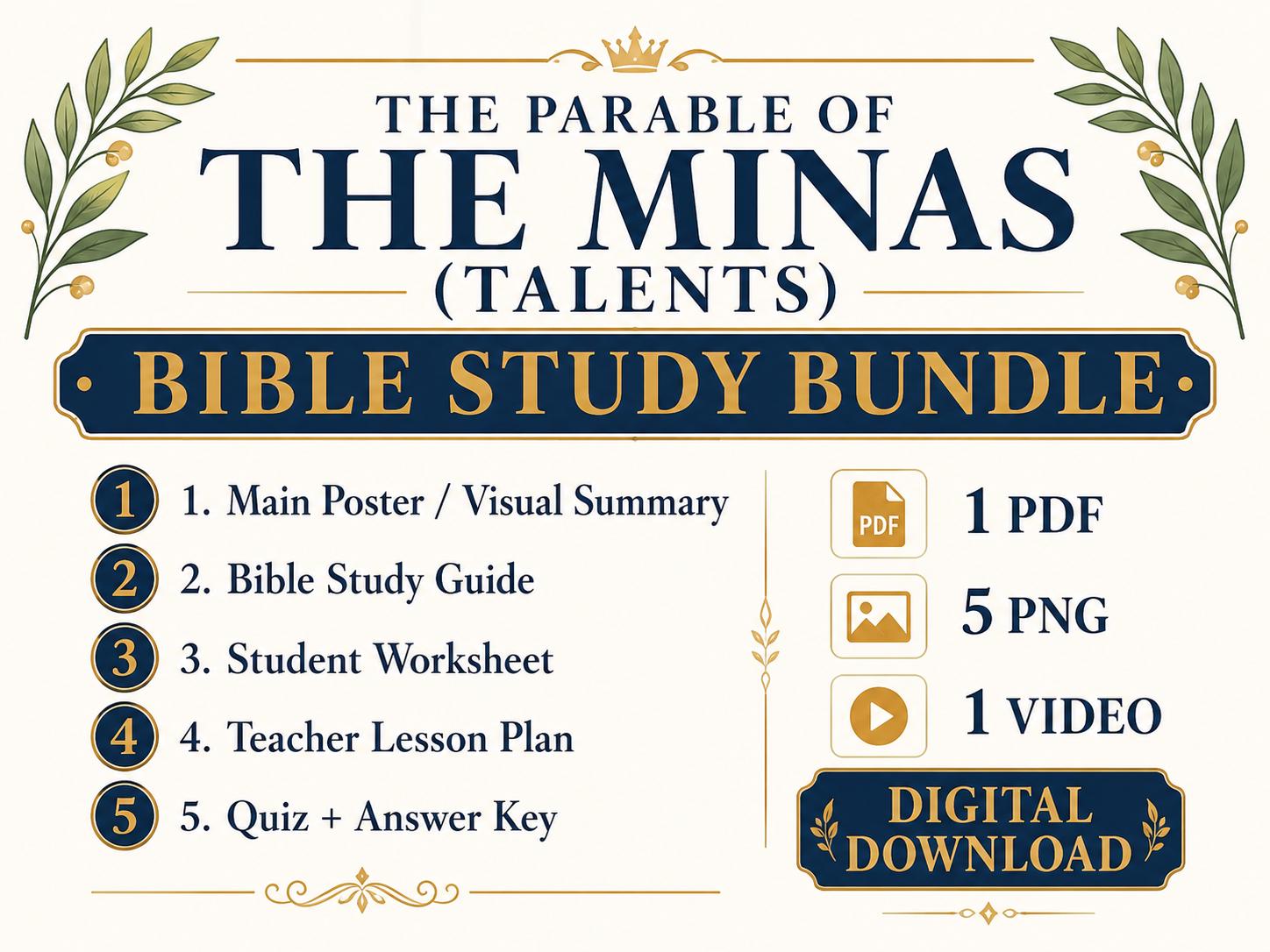 Minas and Talents Bible Study Bundle, Parable Poster, Student Worksheet, Teacher Lesson, Guide, Quiz, (PDF, PNG and MP4 Downloads)
