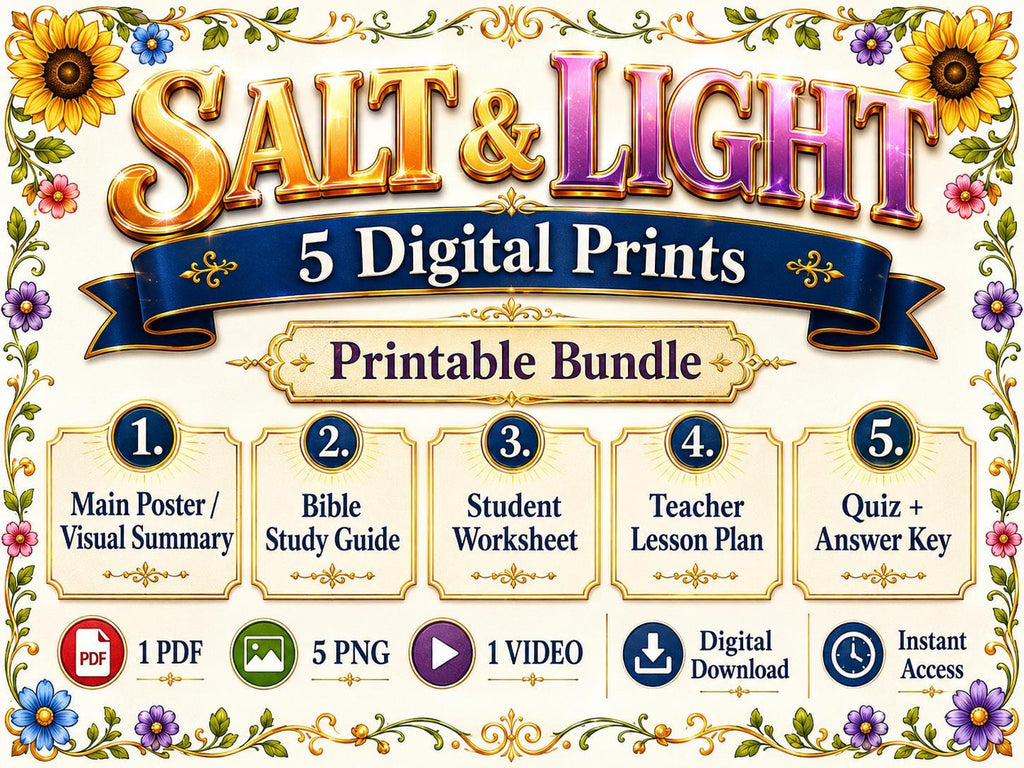Salt and Light Bible Study Bundle, Matthew 5 Poster, Worksheet, Teacher Lesson, Study Guide, Quiz, PDF,( PNG and MP4 Downloads)