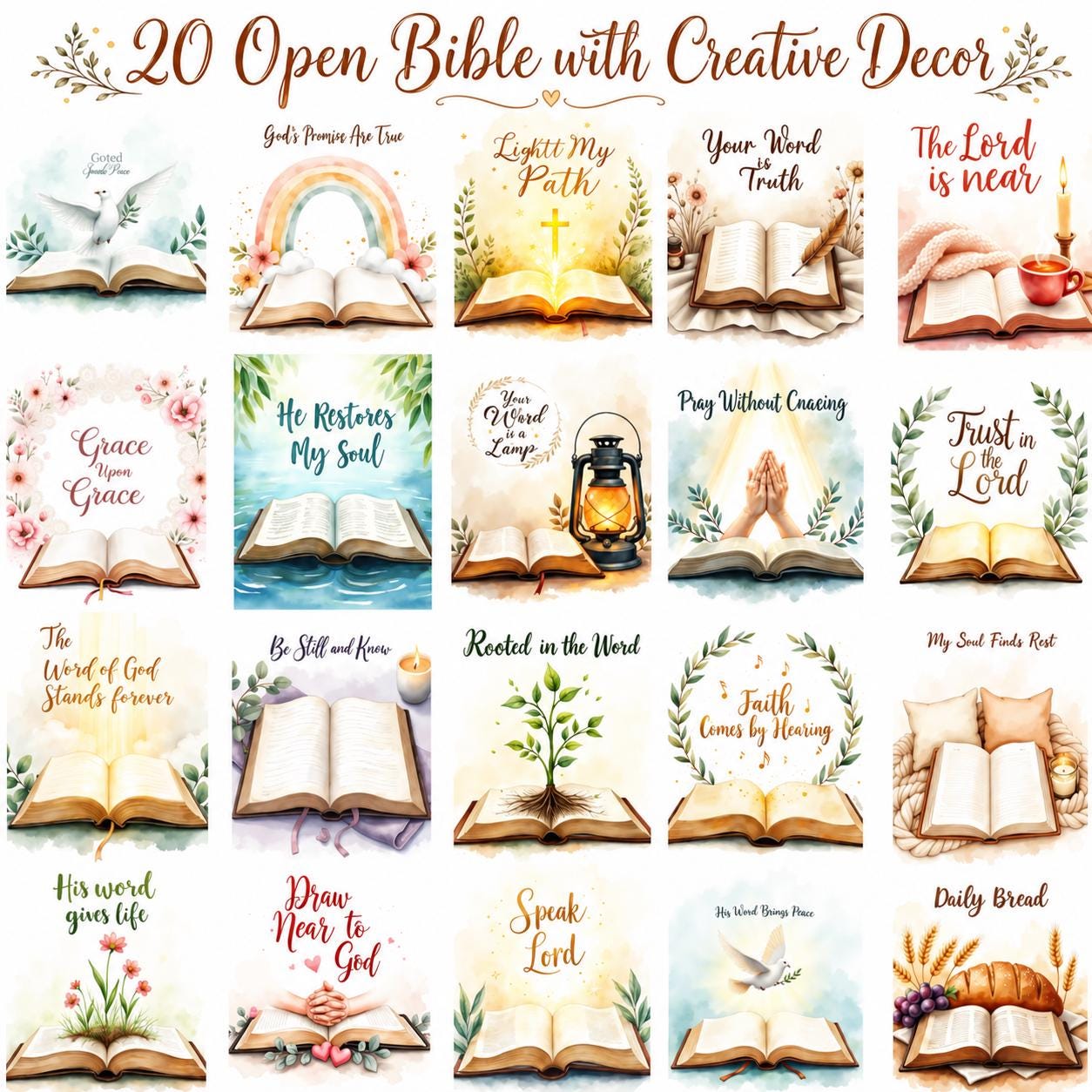 20 Open Bible Scripture Clipart Bundle, Christian Bible Blessings PNG, Faith Encouragement Digital Art
