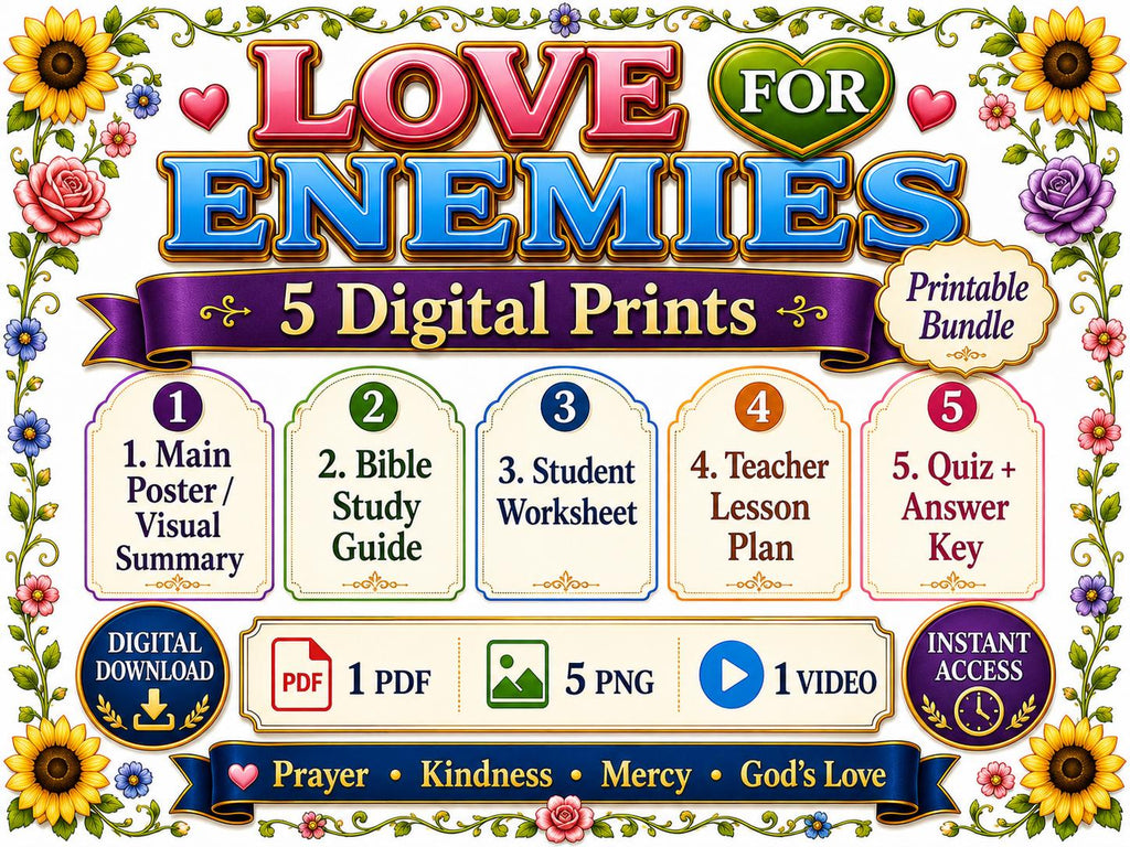 Love for Enemies Bible Study Bundle, Matthew 5 Poster, Worksheet, Teacher Lesson, Guide, Quiz,(PDF, PNG and MP4 Downloads)