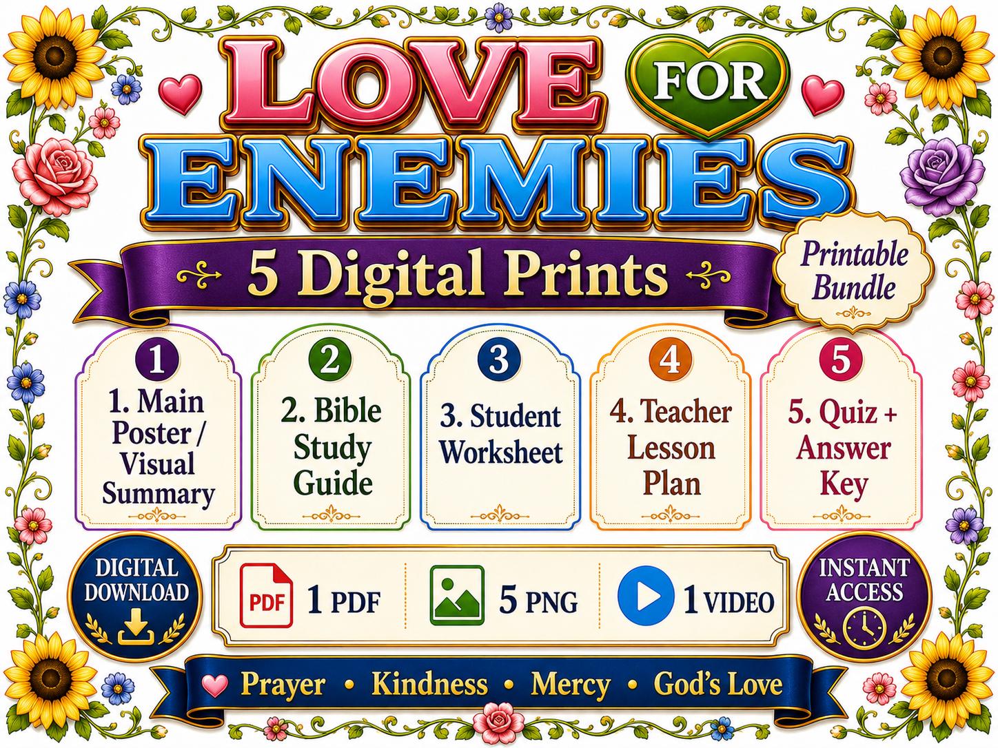 Love for Enemies Bible Study Bundle, Matthew 5 Poster, Worksheet, Teacher Lesson, Guide, Quiz,(PDF, PNG and MP4 Downloads)
