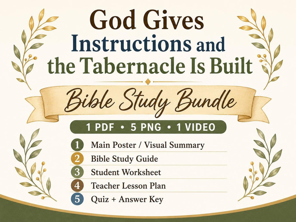 God Gives Instructions and Tabernacle Is Built Bible Study Bundle, Exodus Poster, Worksheet, Teacher Lesson, Guide, Quiz, (PDF, PNG and MP4)