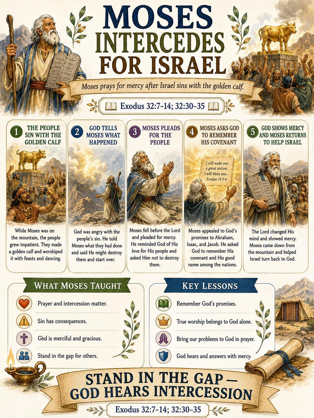 Moses Intercedes for Israel against Calf worship Bible Study Bundle, Exodus Poster, Worksheet, Teacher Lesson, Guide, Quiz, PDF, PNG and MP4