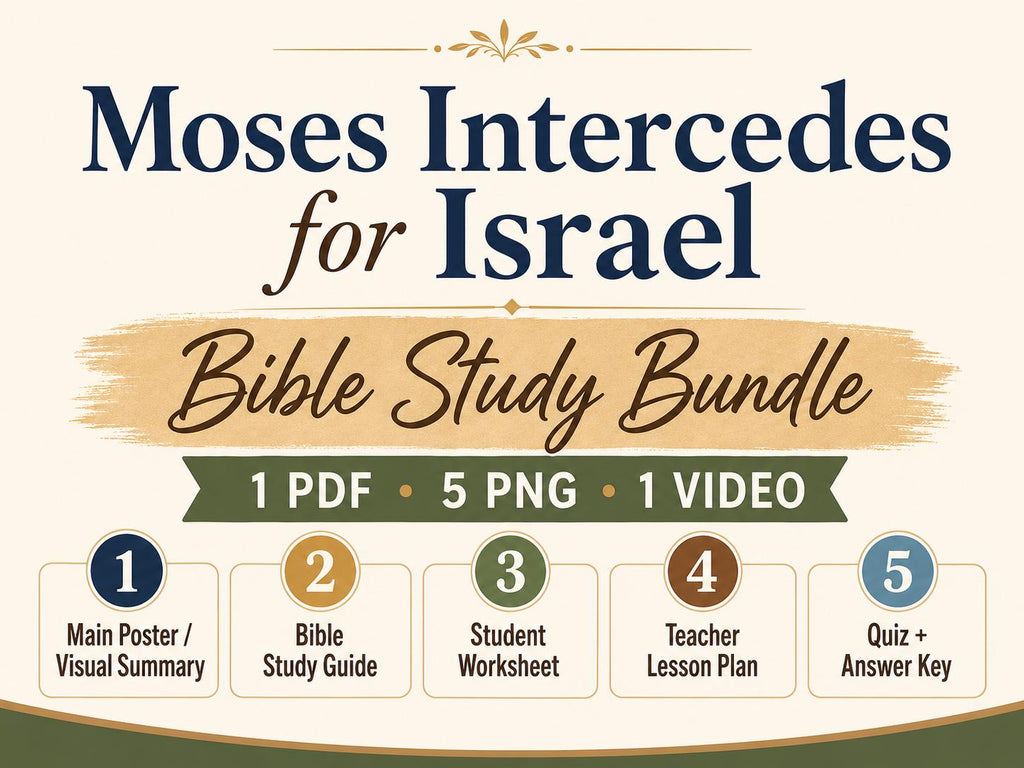 Moses Intercedes for Israel against Calf worship Bible Study Bundle, Exodus Poster, Worksheet, Teacher Lesson, Guide, Quiz, PDF, PNG and MP4