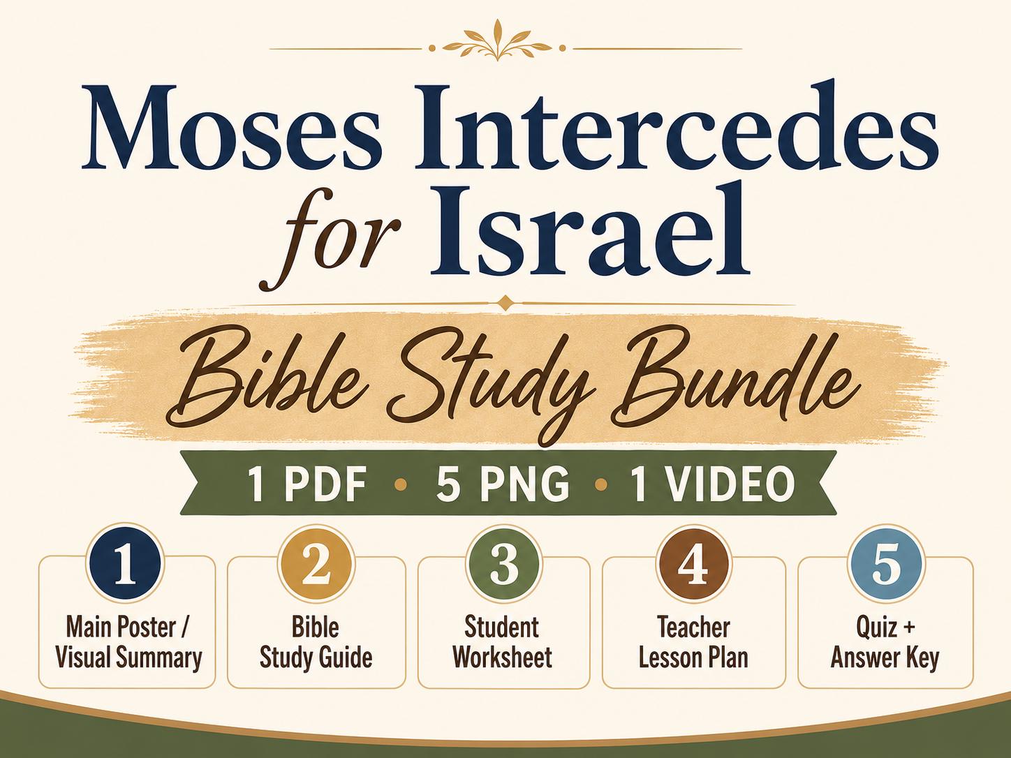 Moses Intercedes for Israel against Calf worship Bible Study Bundle, Exodus Poster, Worksheet, Teacher Lesson, Guide, Quiz, PDF, PNG and MP4
