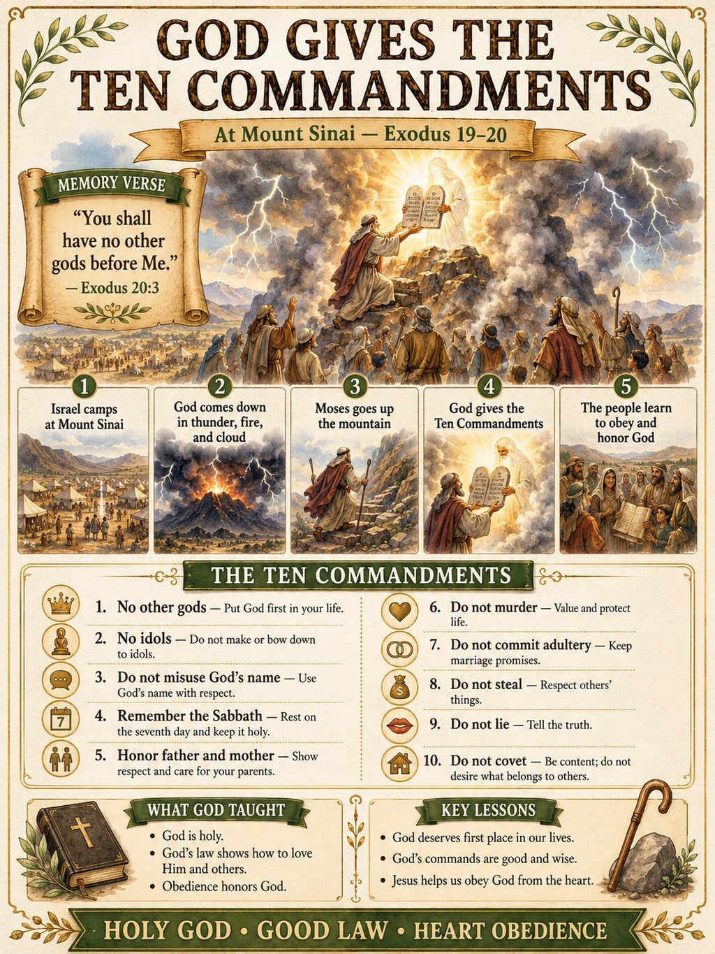God Gives the Ten Commandments Bible Study Bundle, Exodus Poster, Worksheet, Teacher Lesson, Guide, Quiz, (PDF, PNG and MP4)