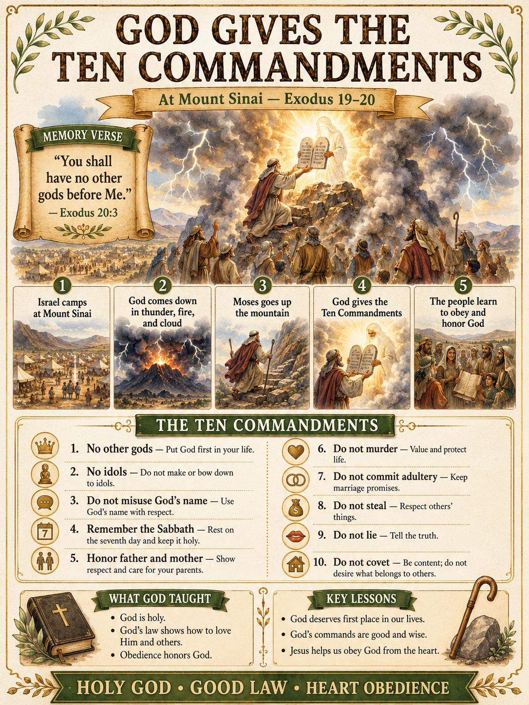 God Gives the Ten Commandments Bible Study Bundle, Exodus Poster, Worksheet, Teacher Lesson, Guide, Quiz, (PDF, PNG and MP4)
