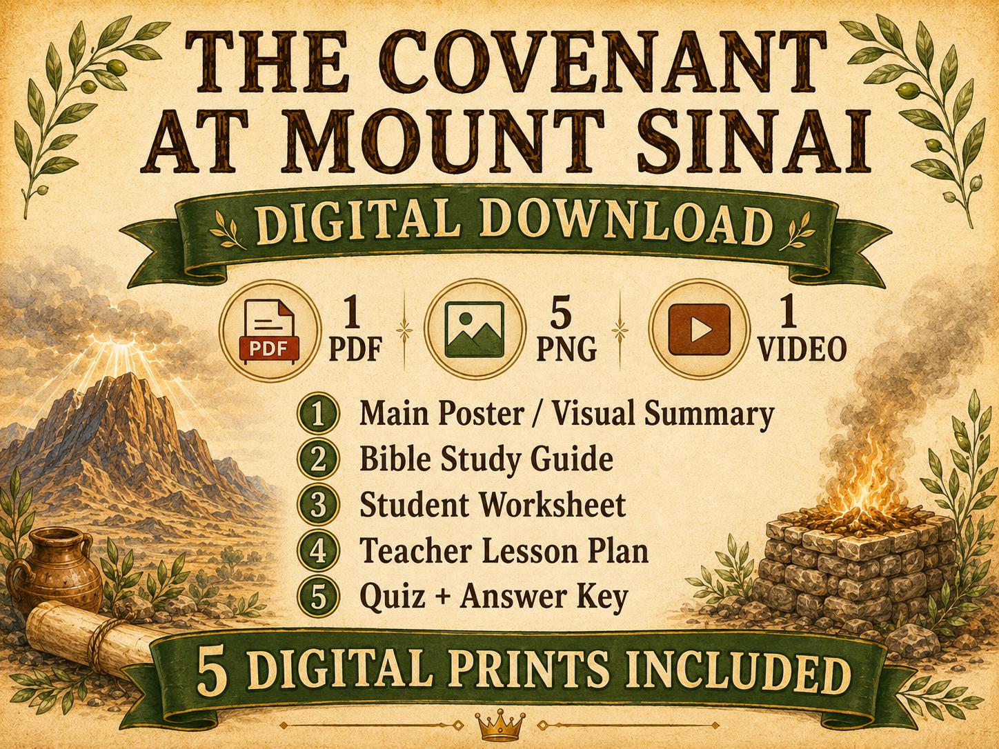 The Covenant at Mount Sinai Bible Study Bundle, Exodus Poster, Worksheet, Teacher Lesson, Guide, Quiz, (PDF, PNG and MP4)