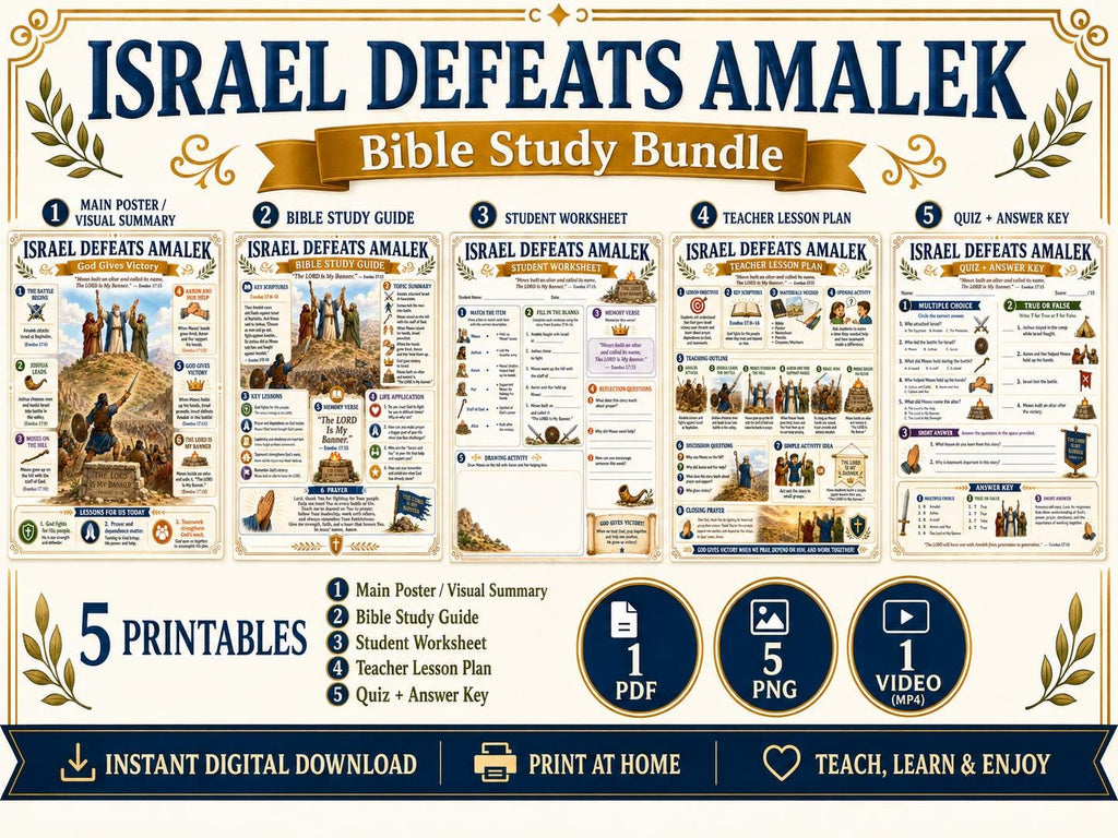 Israel Defeats Amalek Bible Study Bundle, Exodus Poster, Worksheet, Teacher Lesson, Guide, Quiz, (PDF, PNG and MP4 Downloads)