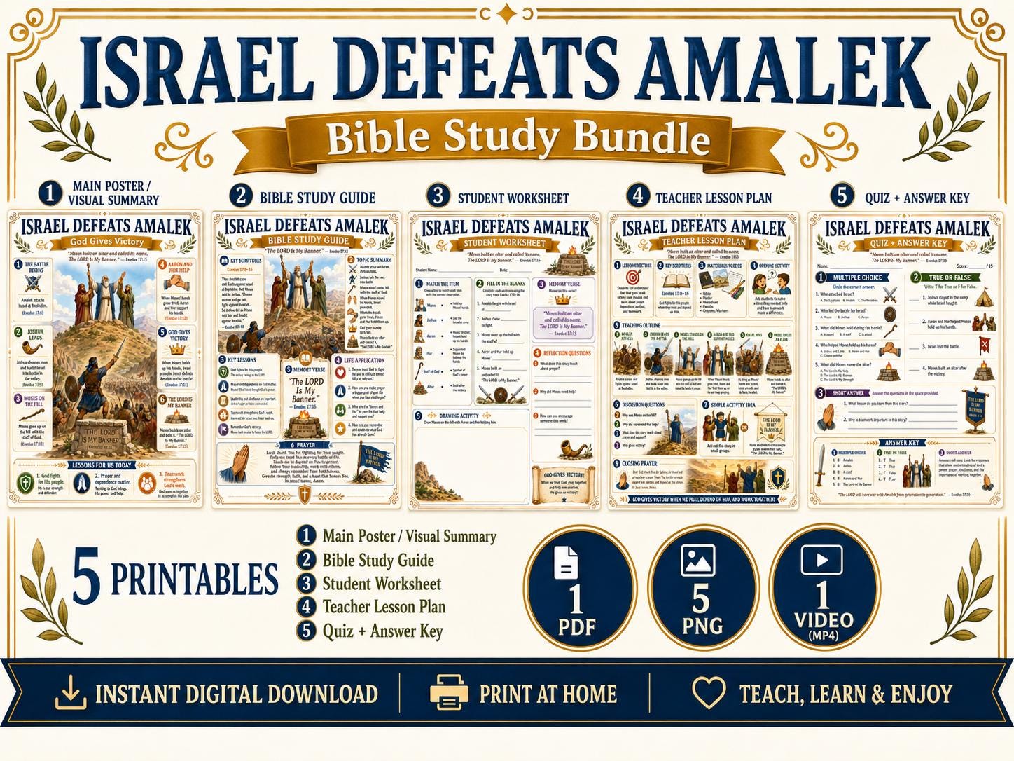 Israel Defeats Amalek Bible Study Bundle, Exodus Poster, Worksheet, Teacher Lesson, Guide, Quiz, (PDF, PNG and MP4 Downloads)
