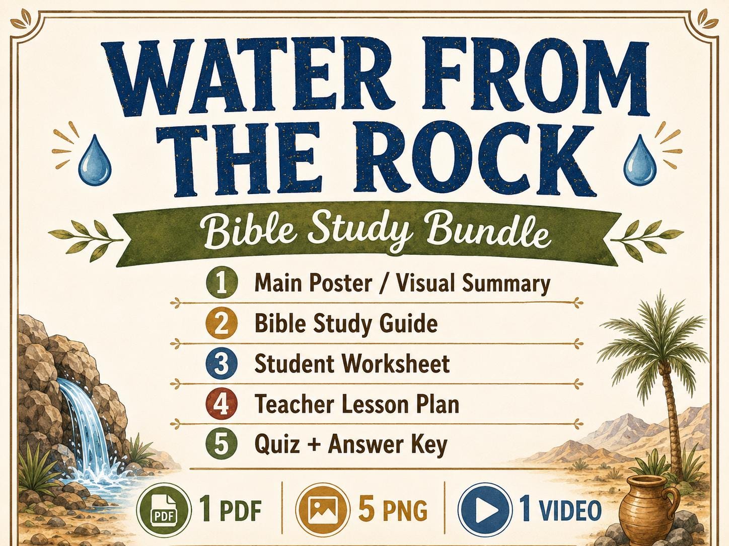 Moses and Water From the Rock Bible Study Bundle, Exodus Poster, Worksheet, Teacher Lesson, Guide, Quiz, (PDF, PNG and MP4 Downloads)