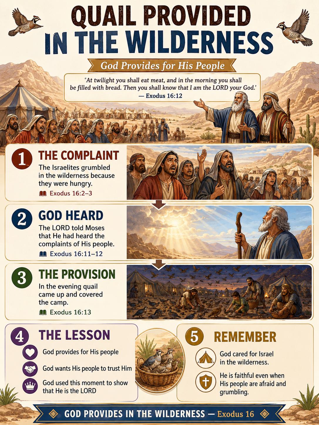 Quails Provided in the Wilderness Bible Study Bundle, Exodus Poster, Worksheet, Teacher Lesson, Guide, Quiz, (PDF, PNG and MP4)