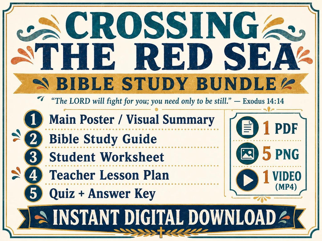 Israelites Crossing the Red Sea Bible Study Bundle, Exodus Poster, Worksheet, Teacher Lesson, Guide, Quiz, PDF, PNG and MP4 Downloads