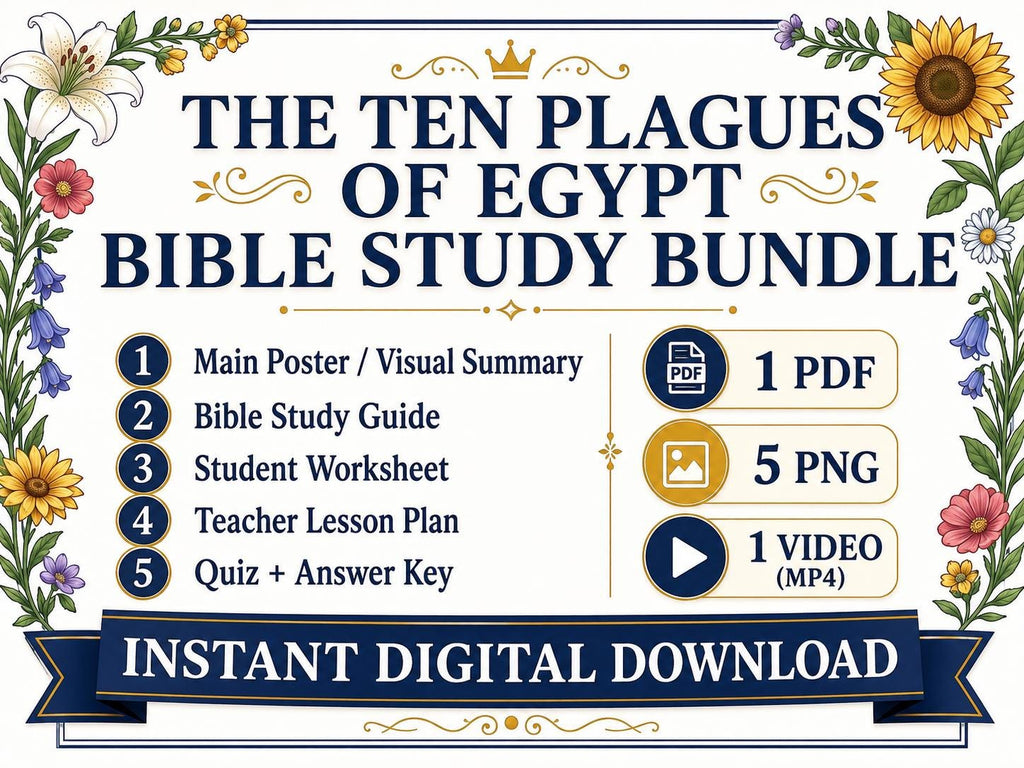 The Ten Plagues of Egypt Bible Study Bundle, Exodus Poster, Worksheet, Teacher Lesson, Guide, Quiz, (PDF, PNG and MP4 )
