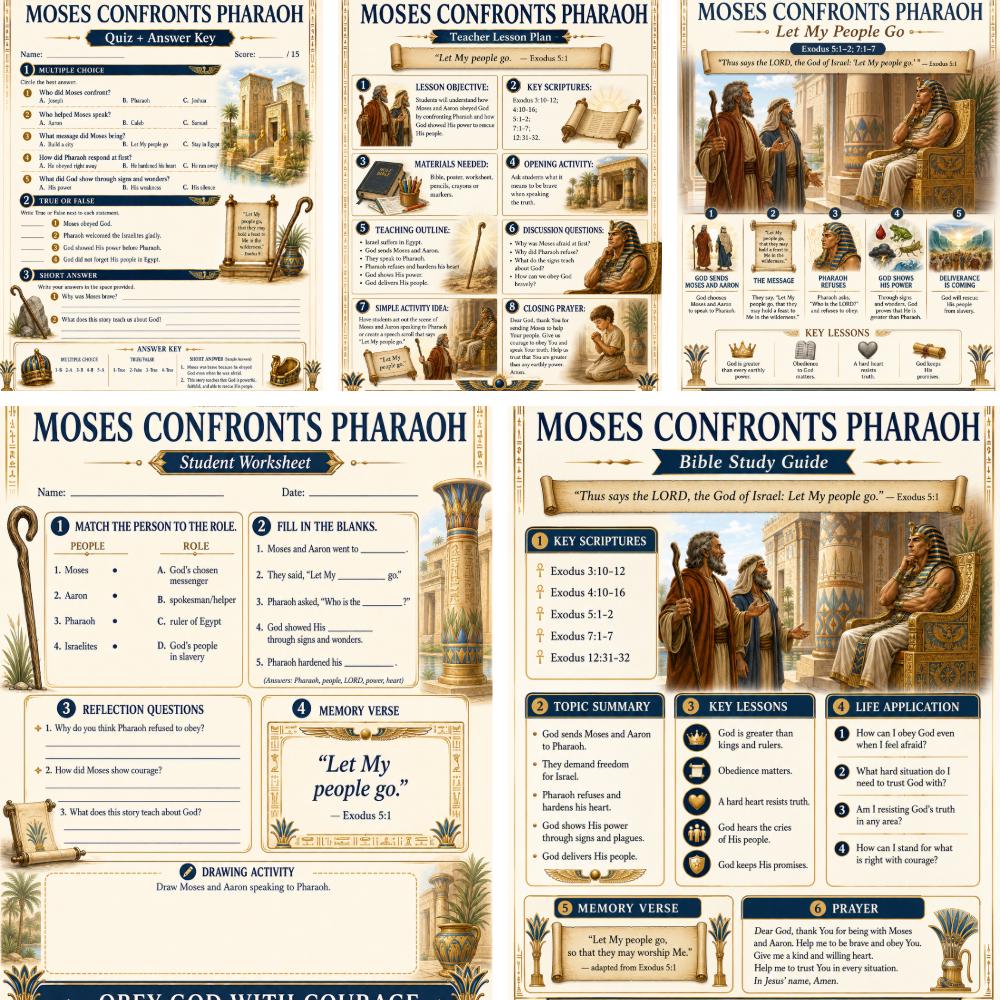 Moses Confronts Pharaoh Bible Study Bundle, Exodus Poster, Worksheet, Teacher Lesson, Guide, Quiz, (PDF, PNG and MP4)