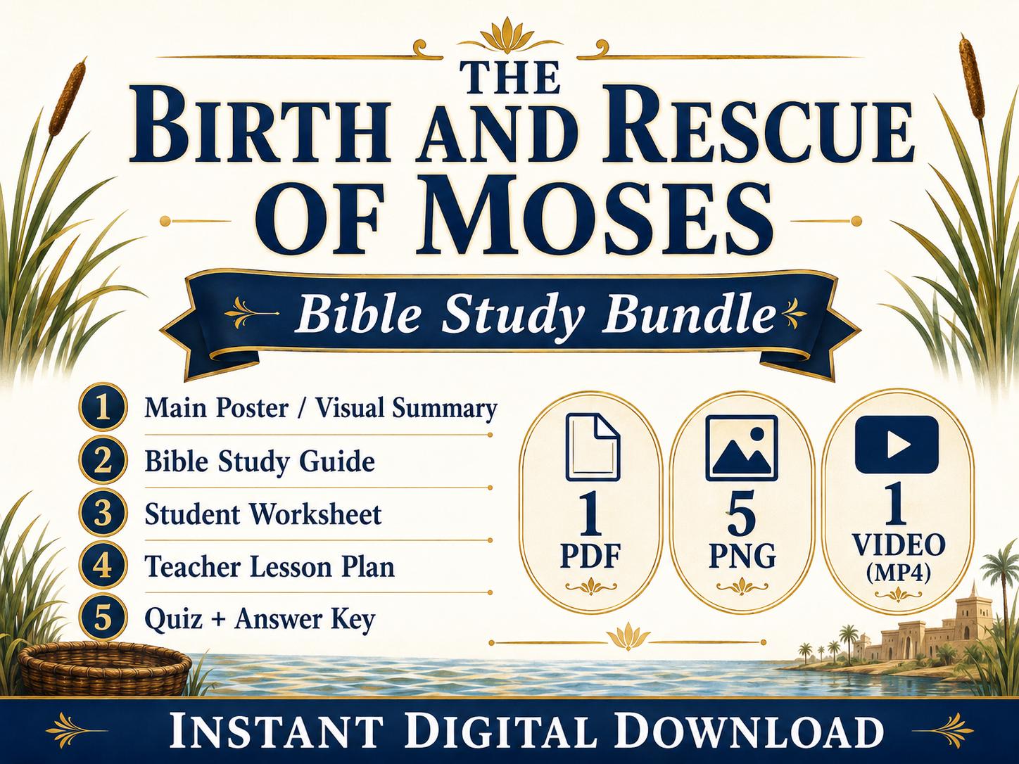 Birth and Rescue of Moses Bible Study Bundle, Exodus Poster, Student Worksheet, Teacher Lesson, Guide, Quiz, PDF, PNG and MP4