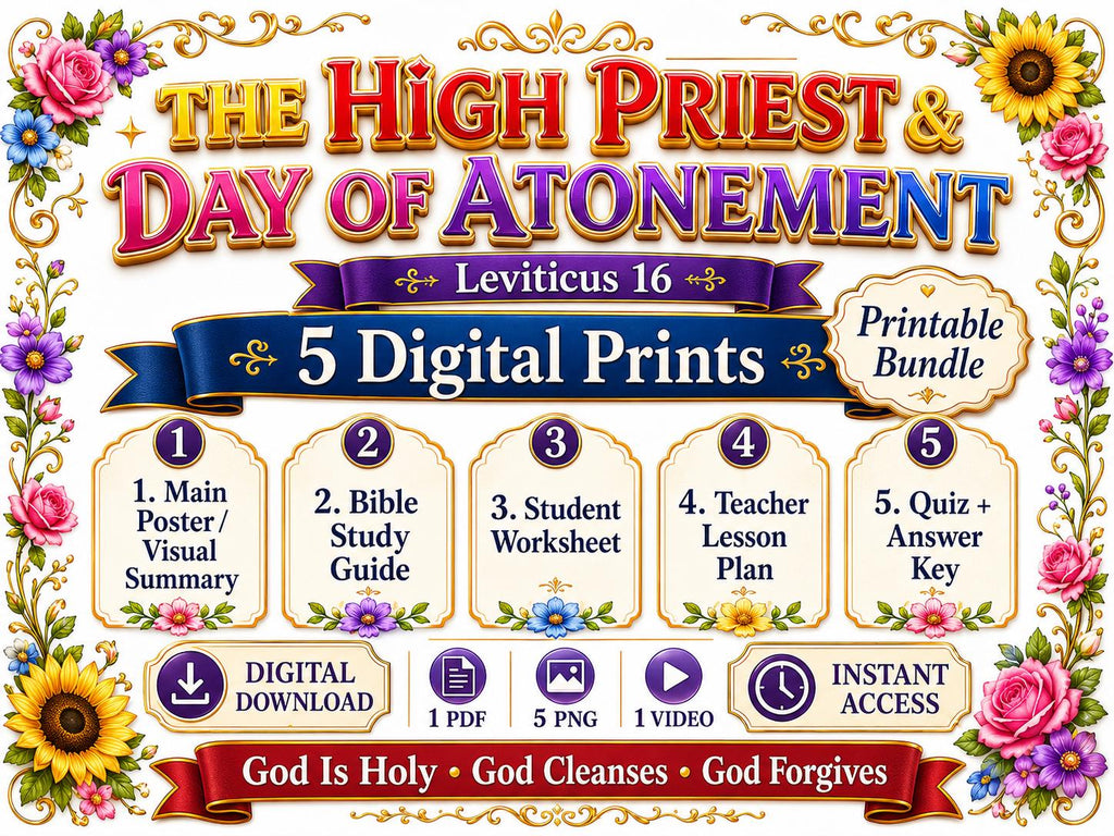 The High Priest and Day of Atonement Bible Study Bundle,  Poster, Worksheet, Teacher Lesson, Guide, Quiz, (PDF, PNG and MP4)