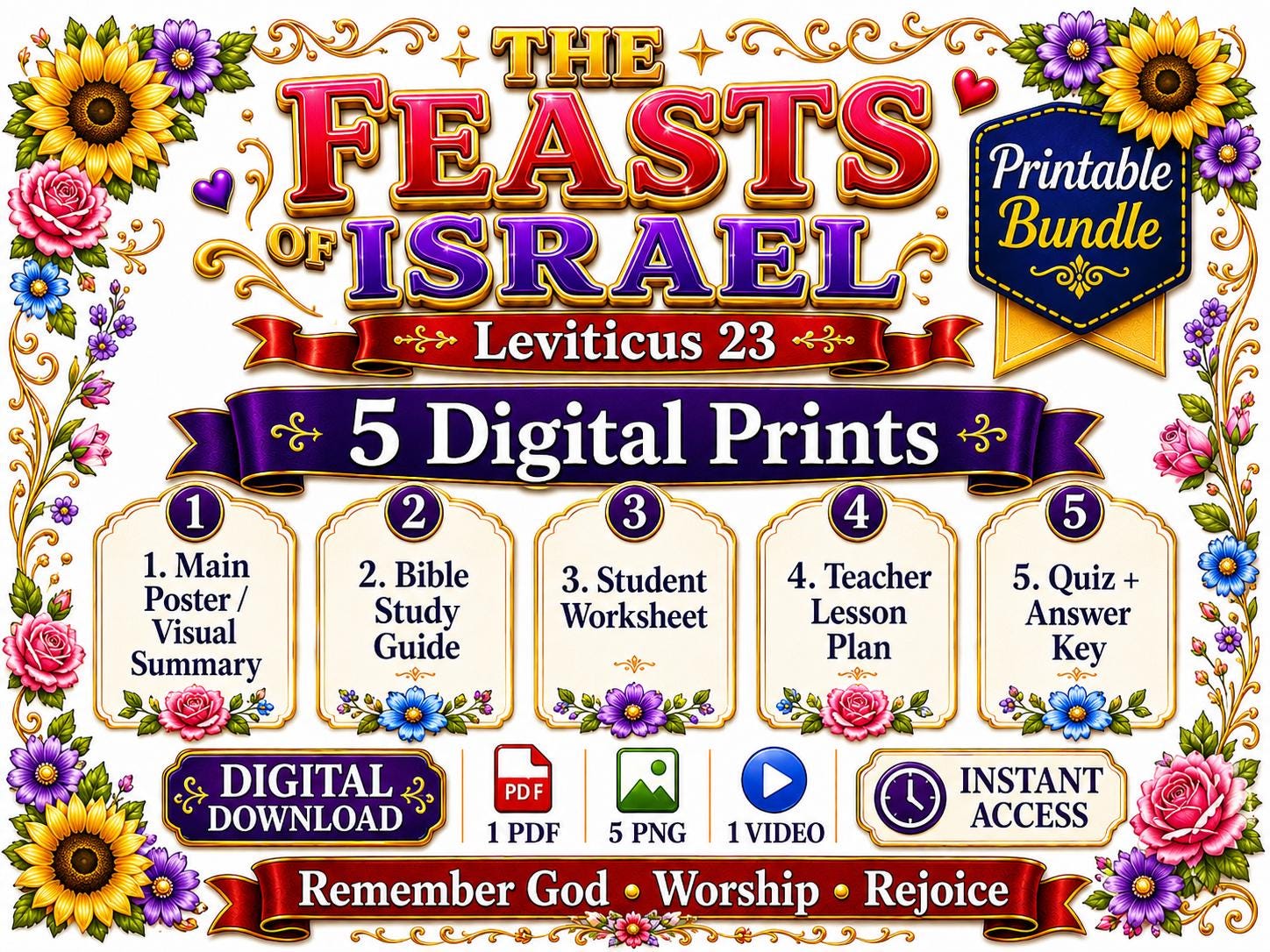 The Feasts of Israel Bible Study Bundle, Leviticus 23 Poster, Worksheet, Teacher Lesson, Guide, Quiz, (PDF, PNG and MP4 Downloads)