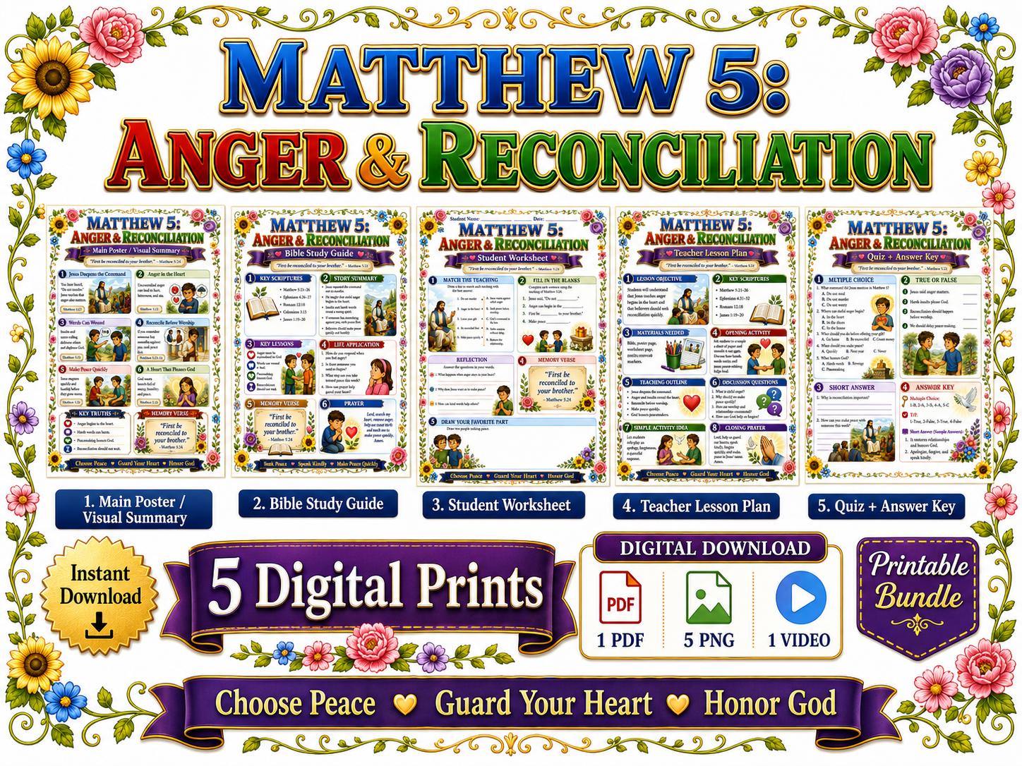 Anger and Reconciliation Bible Study Bundle, Matthew 5 Poster, Worksheet, Teacher Lesson, Study Guide, Quiz, (PDF, PNG and MP4 Downloads)