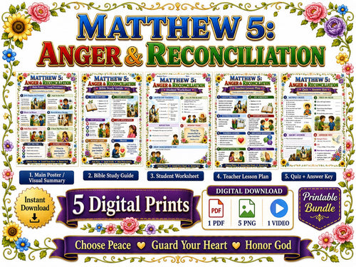 Anger and Reconciliation Bible Study Bundle, Matthew 5 Poster, Worksheet, Teacher Lesson, Study Guide, Quiz, (PDF, PNG and MP4 Downloads)