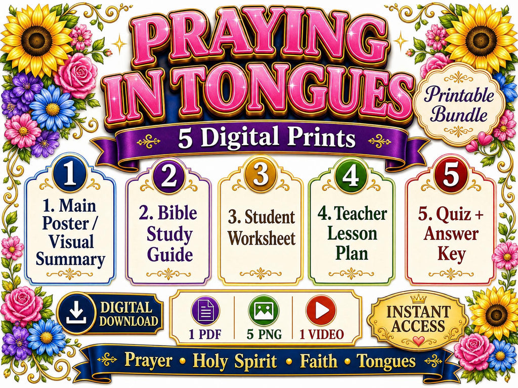 Praying in Tongues Bible Study Bundle | Holy Spirit Poster | Worksheet | Teacher Lesson | Study Guide | Bible Quiz | PDF, PNG & MP4