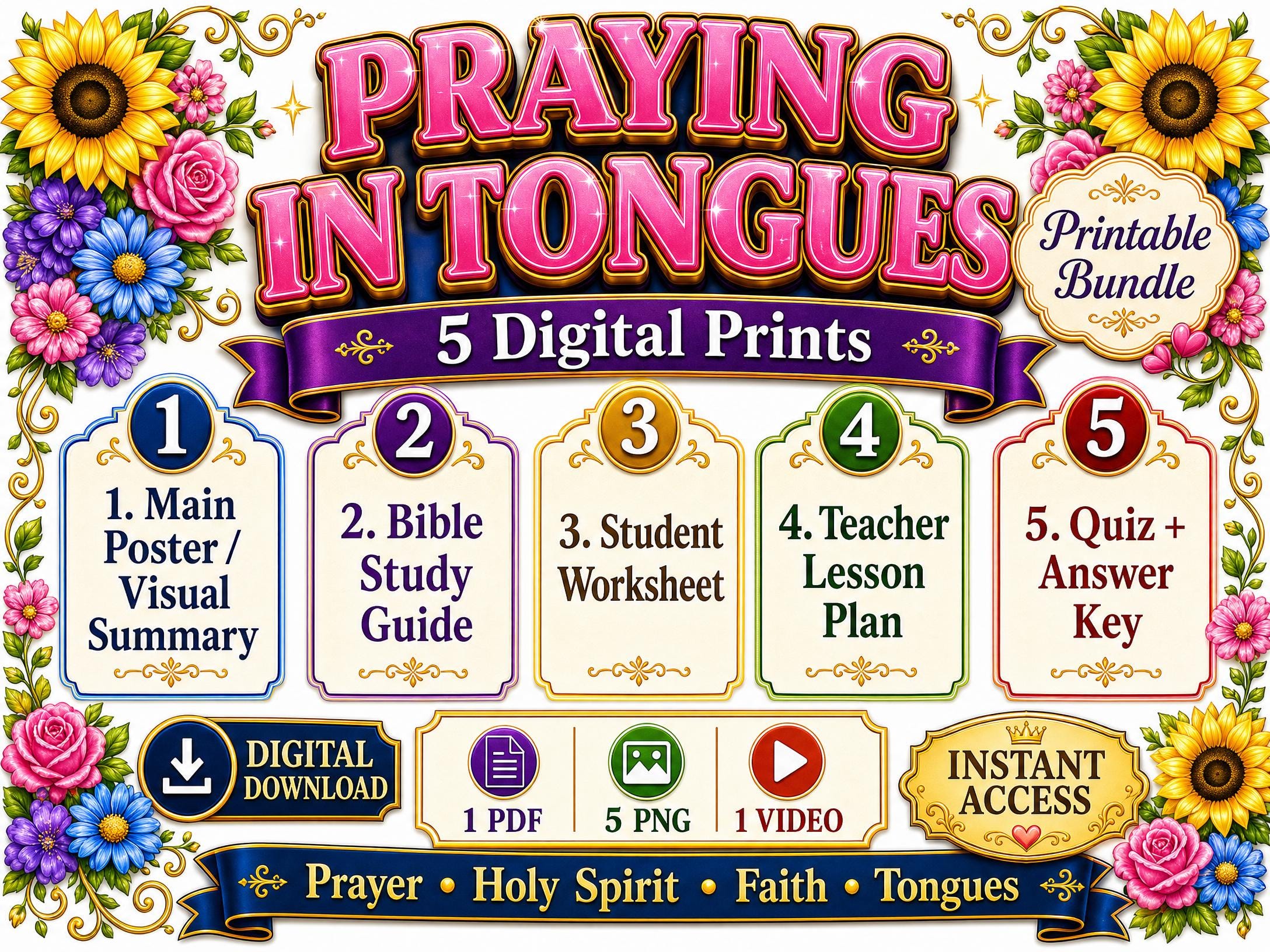 Praying in Tongues Bible Study Bundle | Holy Spirit Poster | Worksheet | Teacher Lesson | Study Guide | Bible Quiz | PDF, PNG & MP4