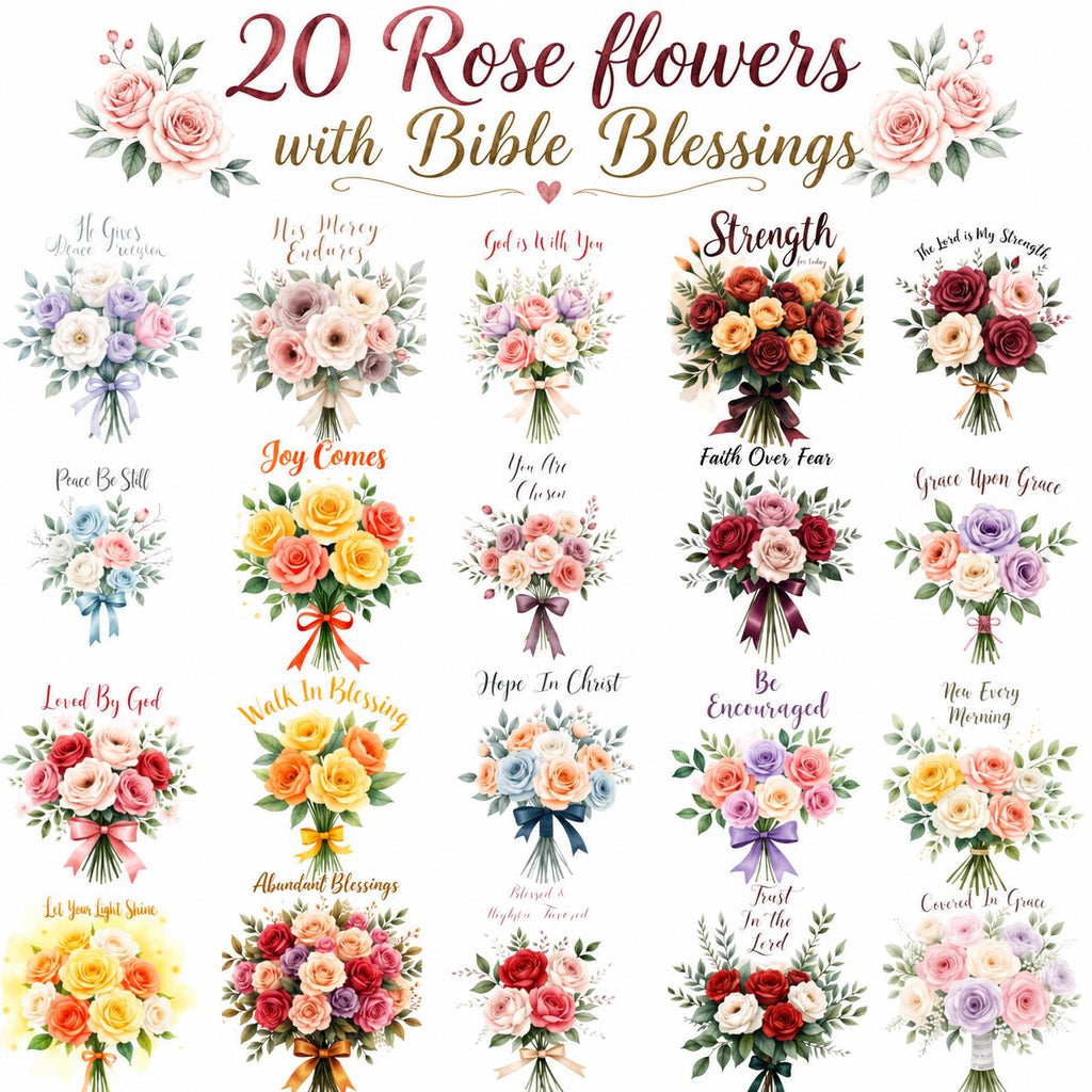 20 Bible Blessings Rose Flower Clipart Bundle, Christian Encouragement PNG, Scripture Floral Clipart, Faith Stickers,  Art