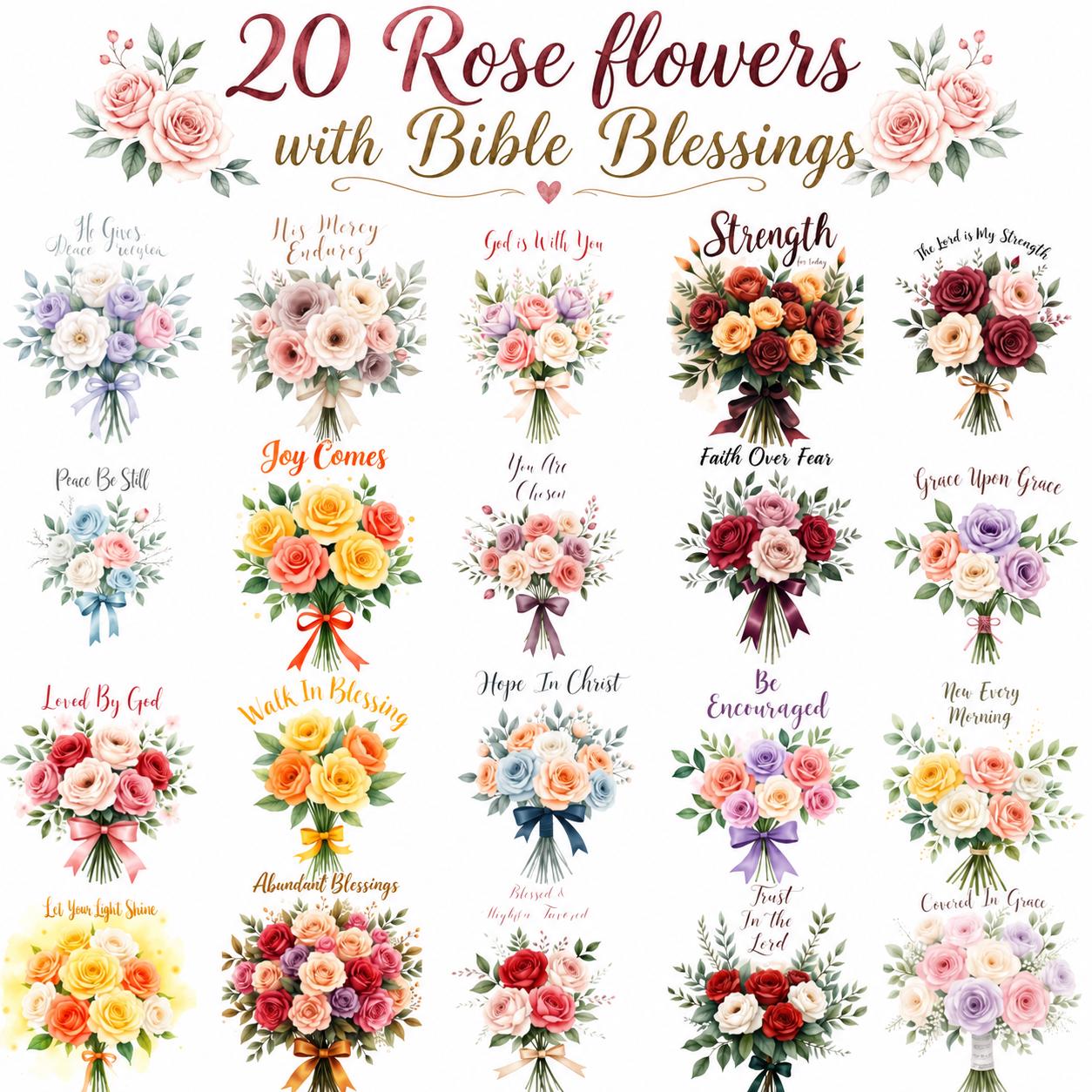 20 Bible Blessings Rose Flower Clipart Bundle, Christian Encouragement PNG, Scripture Floral Clipart, Faith Stickers,  Art