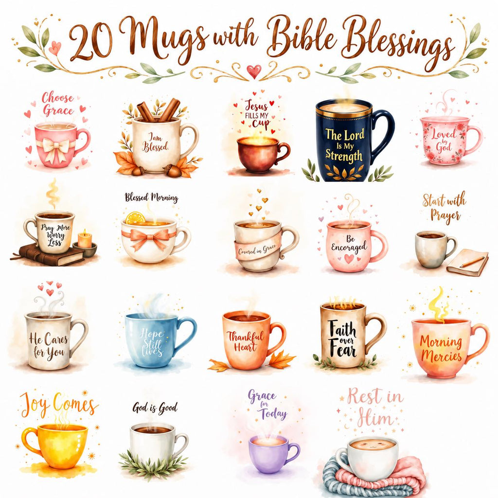 20 Mugs with Bible Blessings Clipart Bundle, Christian Coffee Mug PNG, Faith Encouragement Art, Scripture Stickers, Digital Download