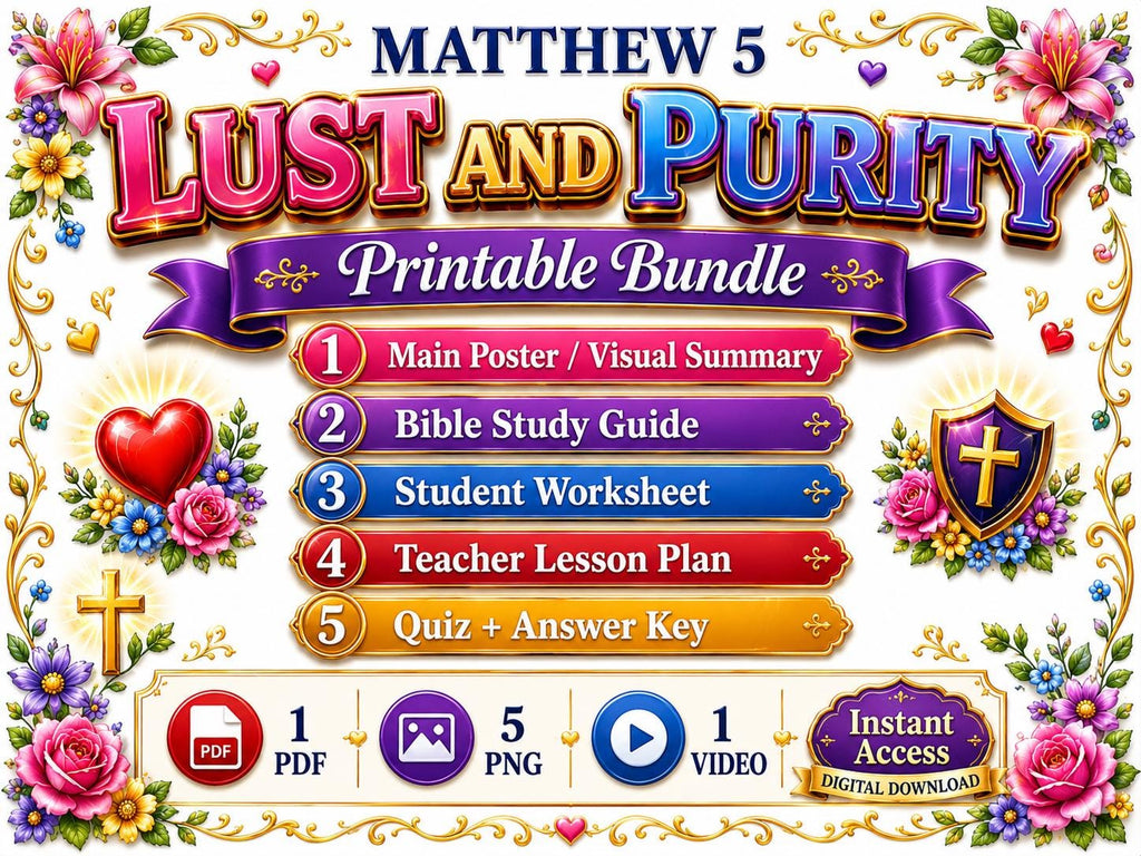 Lust and Purity Bible Study Bundle, Matthew 5 Poster, Worksheet, Teacher Lesson, Guide, Quiz, (PDF, PNG and MP4 Downloads)