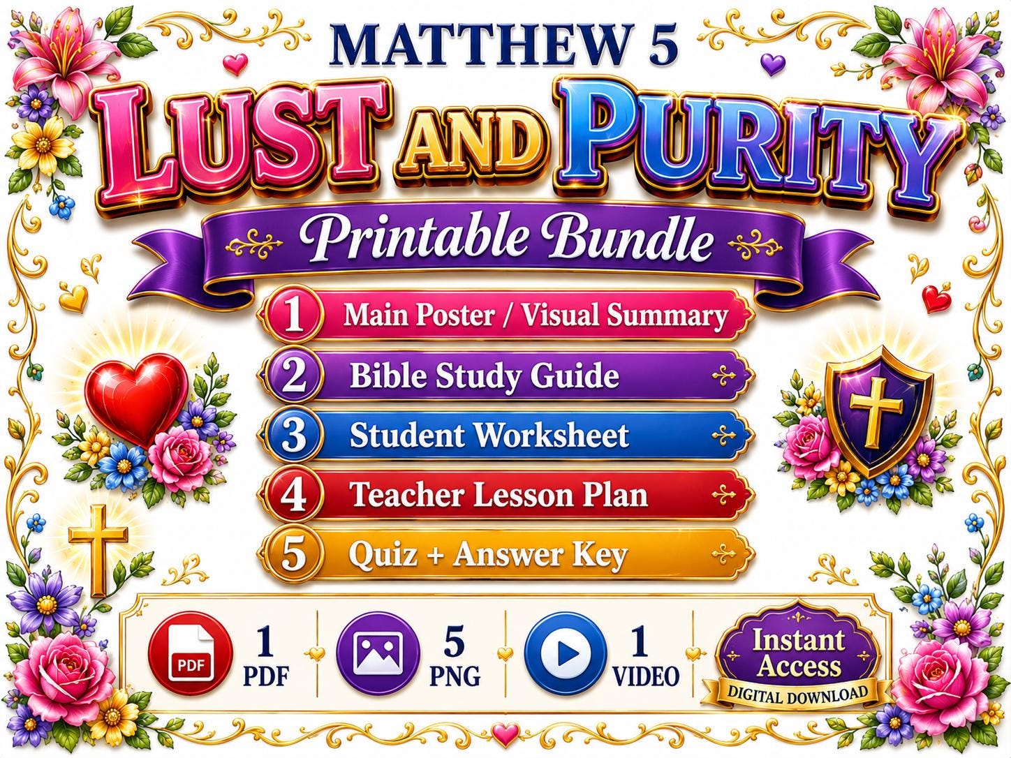 Lust and Purity Bible Study Bundle, Matthew 5 Poster, Worksheet, Teacher Lesson, Guide, Quiz, (PDF, PNG and MP4 Downloads)