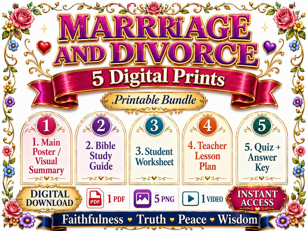 Marriage and Divorce Bible Study Bundle, Matthew 5 Poster, Worksheet, Teacher Lesson, Guide, Quiz, (PDF, PNG and MP4 Downloads)