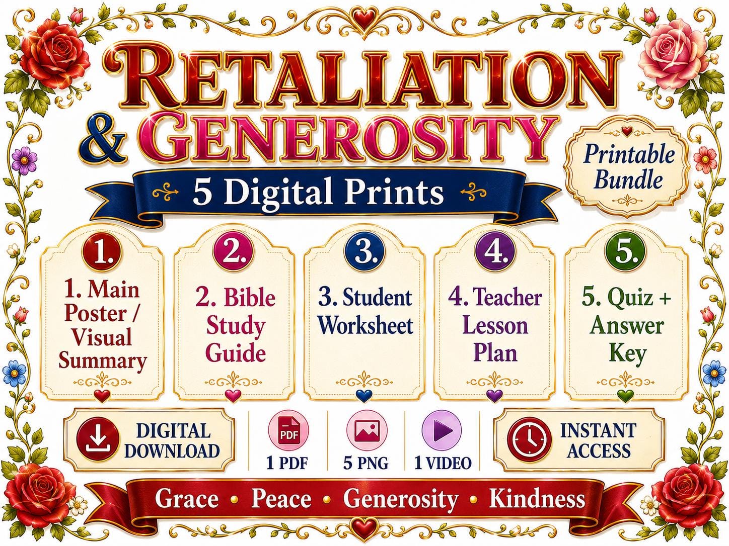 Retaliation and Generosity Bible Study Bundle, Poster, Worksheet, Teacher Lesson, Guide, Quiz, (PDF PNG MP4 Downloads)