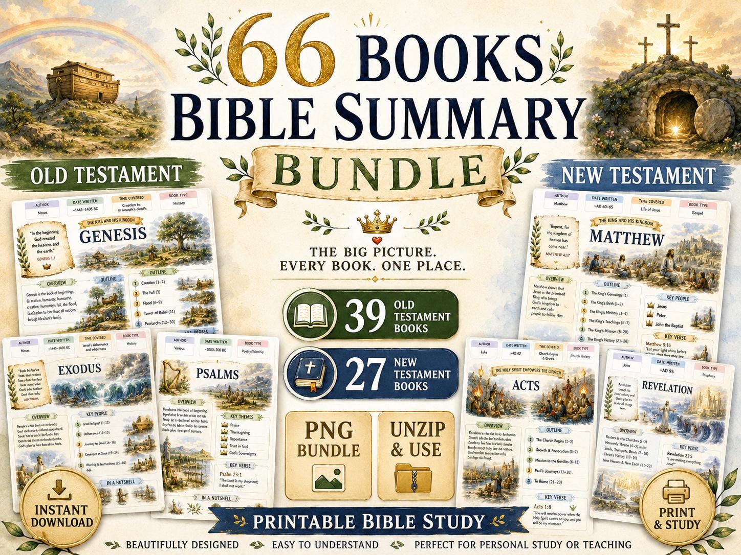 66 Books Bible Summary Bundle,  Old & New Testament Study Posters, Christian Printable Bible Overview, Scripture Study Guide (PDF AND PNG)