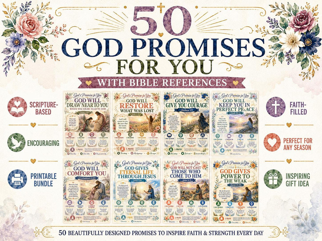50 God Promises for You with Bible References, Christian Scripture Cards, Bible Verse Printable Bundle, Faith Encouragement  Art