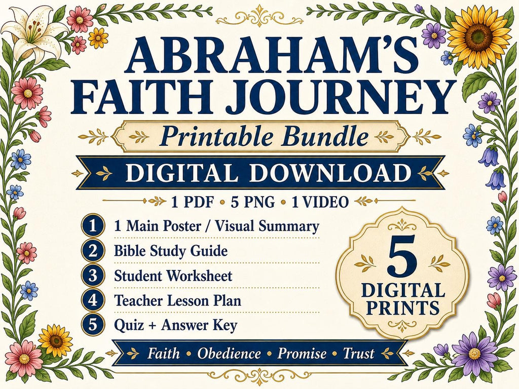 Abraham's Faith Journey Bible Poster, Lesson, Guide, worksheet, Quiz (PDF, 5 PNG, Downloads)