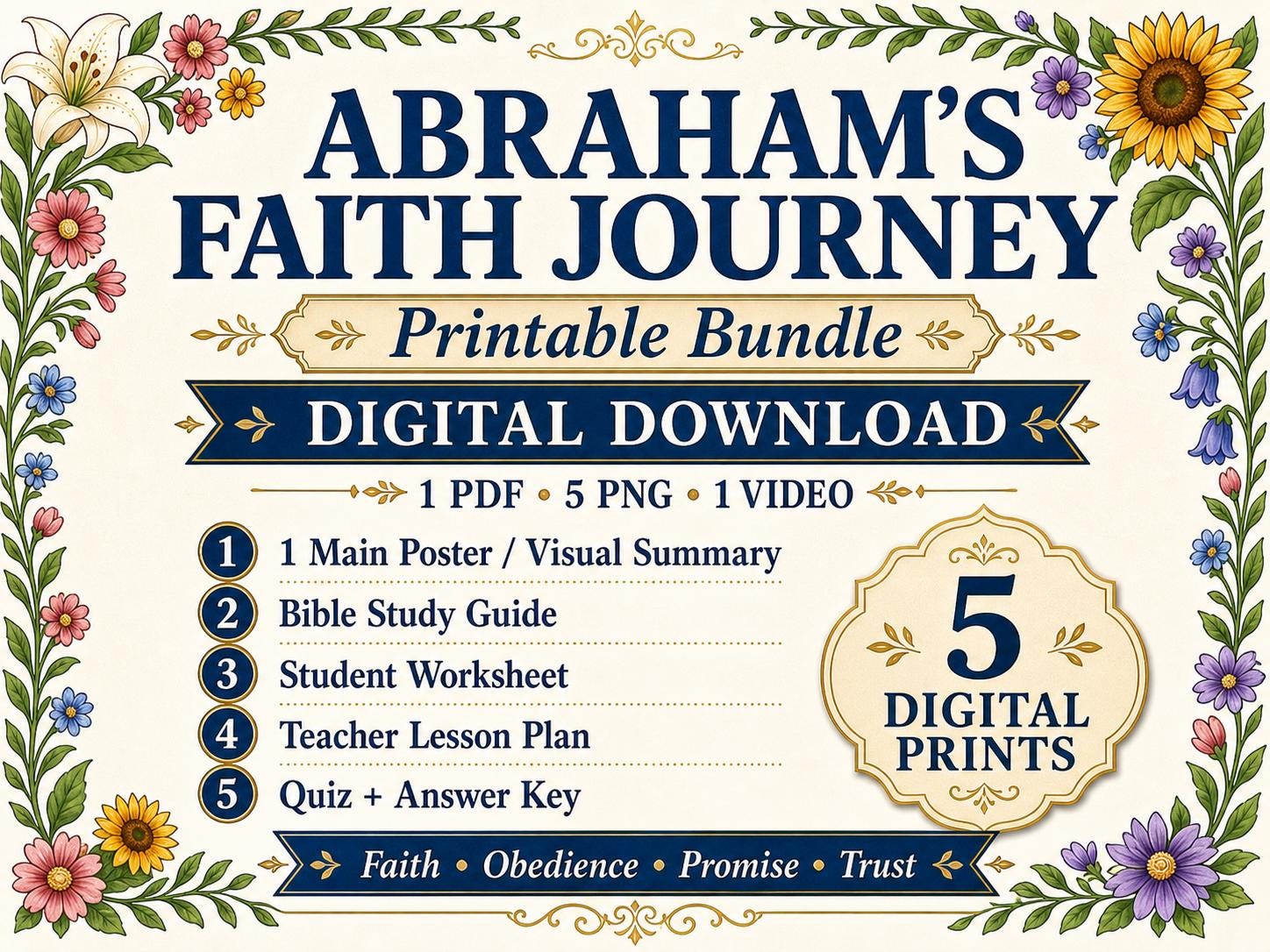Abraham's Faith Journey Bible Poster, Lesson, Guide, worksheet, Quiz (PDF, 5 PNG, Downloads)