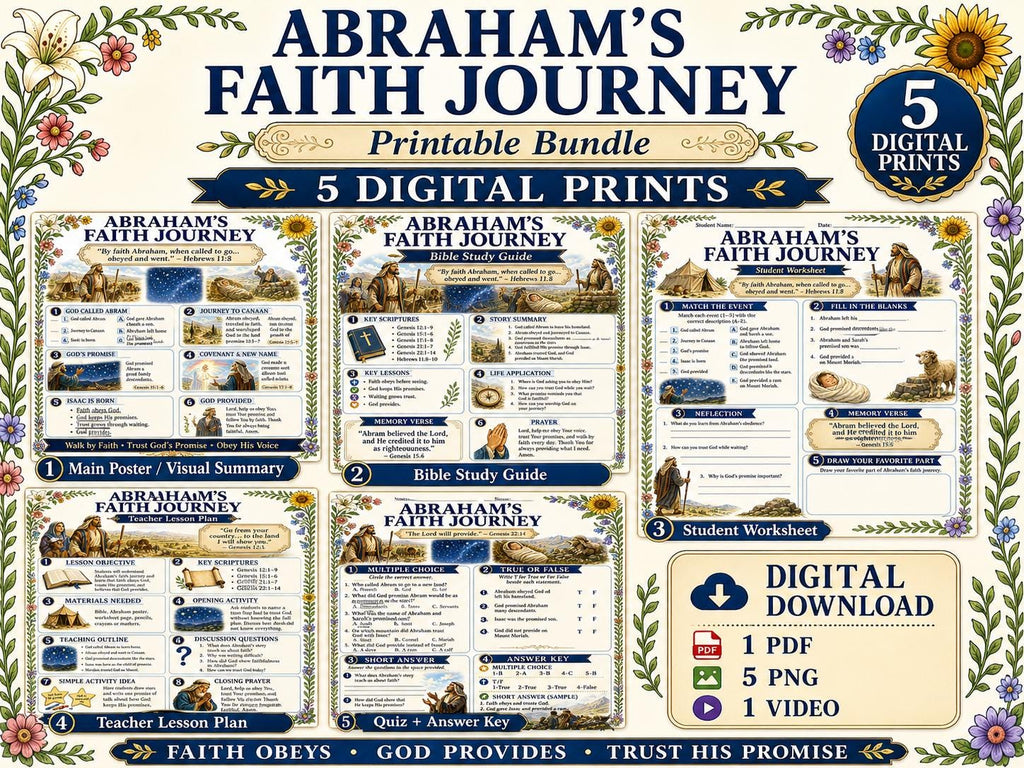 Abraham's Faith Journey Bible Poster, Lesson, Guide, worksheet, Quiz (PDF, 5 PNG, Downloads)