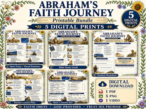 Abraham's Faith Journey Bible Poster, Lesson, Guide, worksheet, Quiz (PDF, 5 PNG, Downloads)