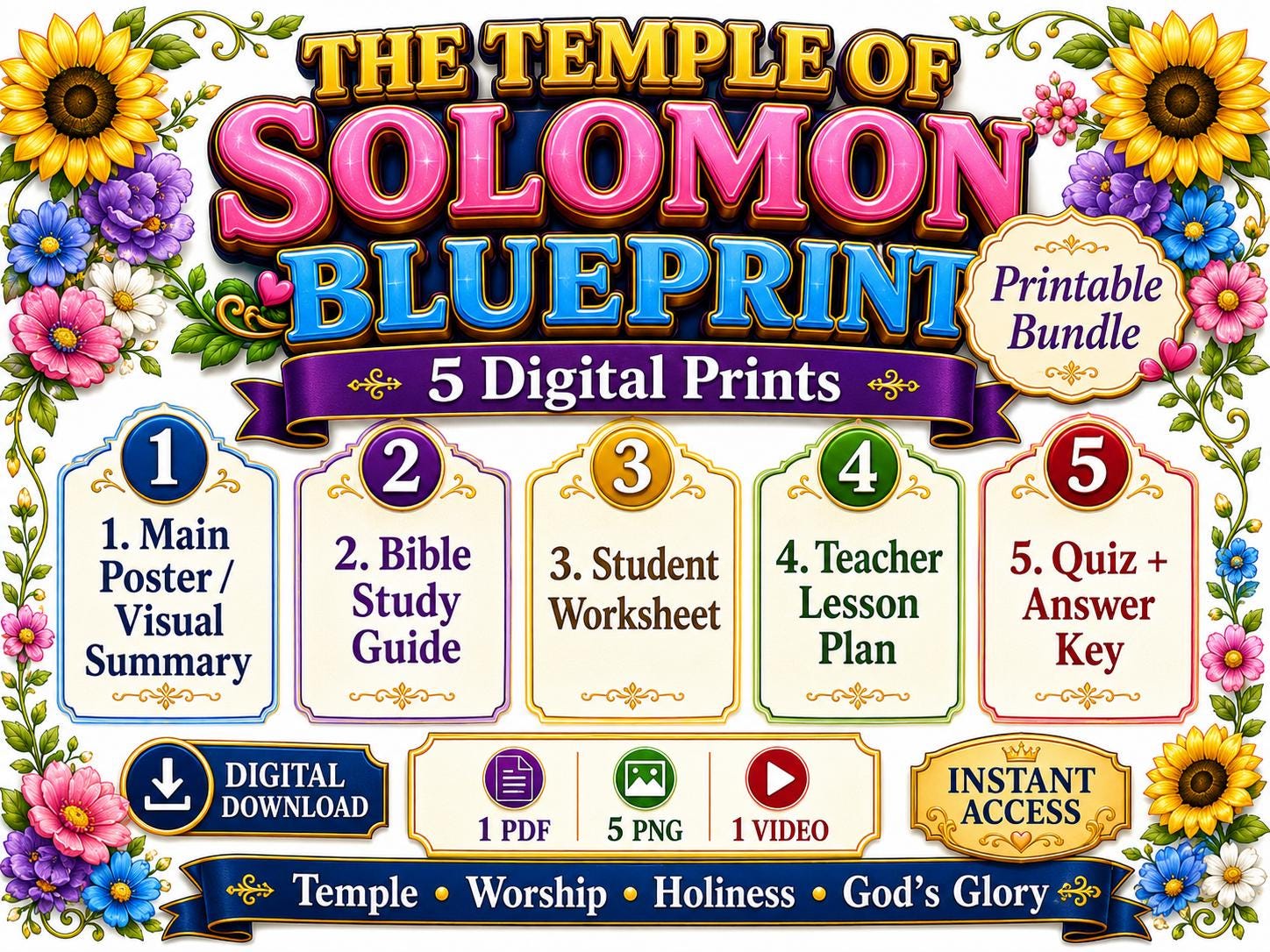 The Temple of Solomon Blueprint Bible Study Bundle | Temple Poster | Worksheets | Teacher Lesson | Study Guide | Bible Quiz | PDF PNG MP4