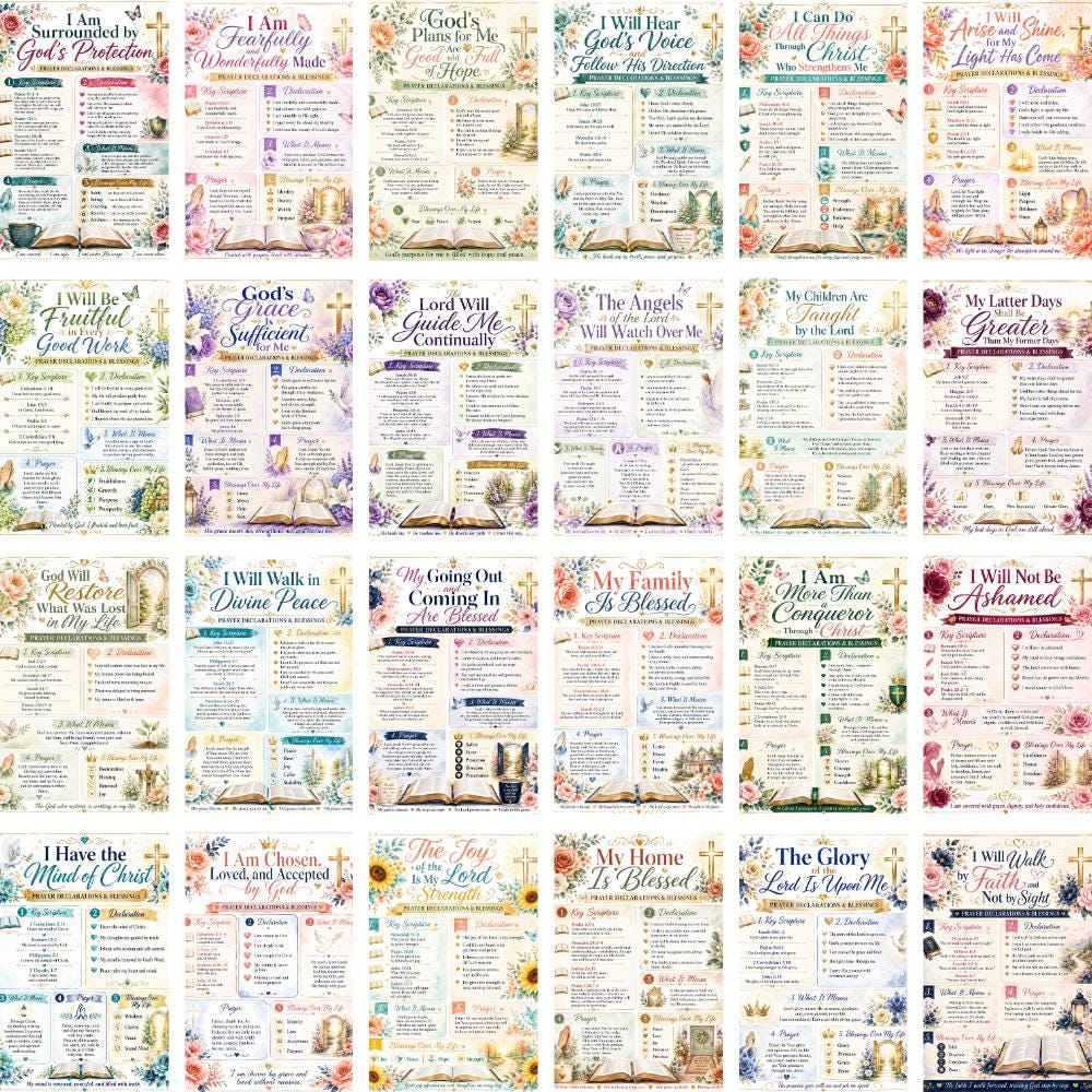 50 Bible Blessings and Declarations Printable, Christian Faith Affirmation Cards, Scripture Prayer Bundle