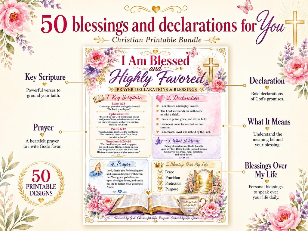 50 Bible Blessings and Declarations Printable, Christian Faith Affirmation Cards, Scripture Prayer Bundle