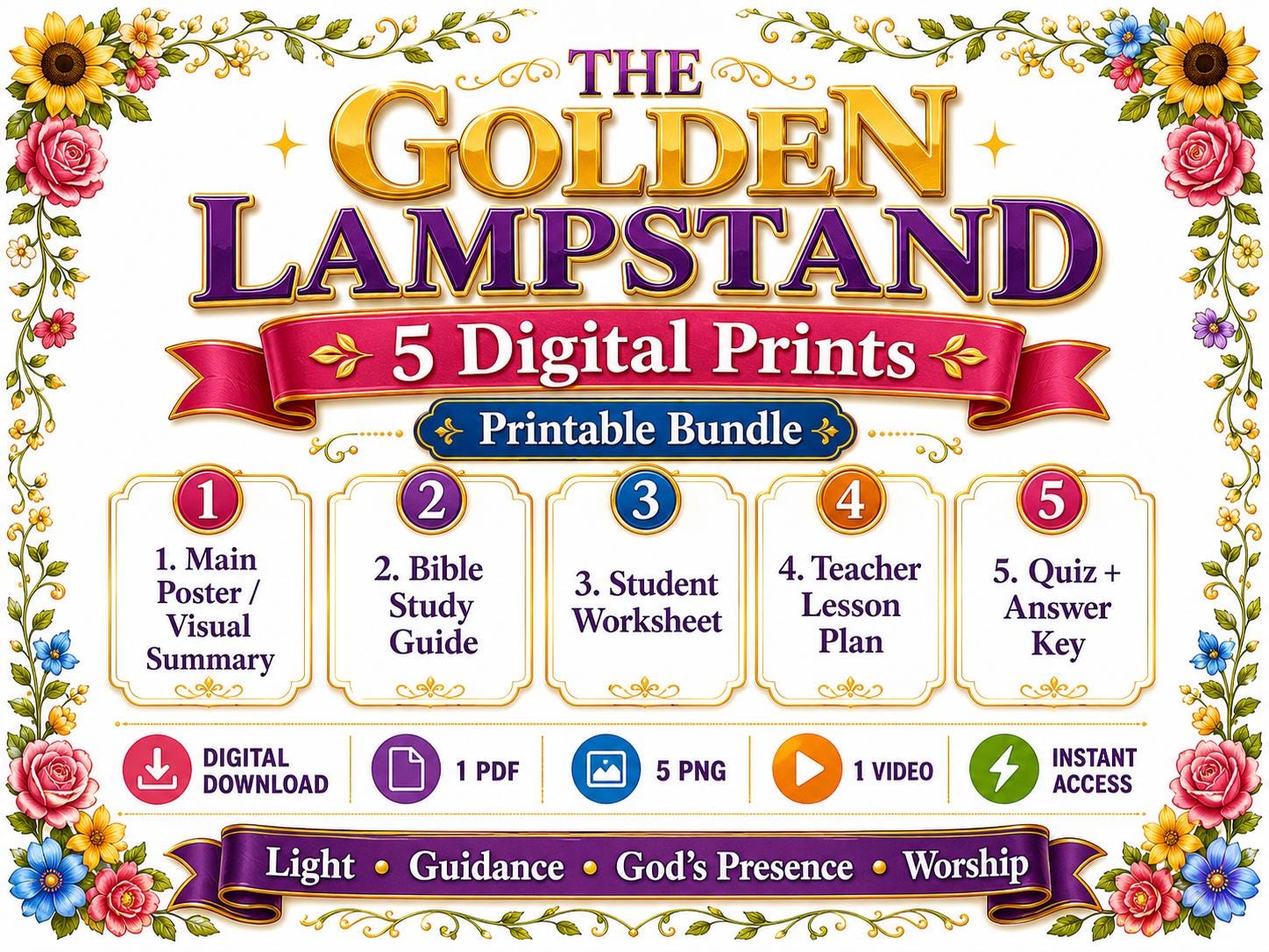 The Golden Lampstand Menorah Bible Study Bundle, Poster, Worksheet, Teacher Lesson, Guide, Quiz, (PDF, PNG and MP4 Downloads)